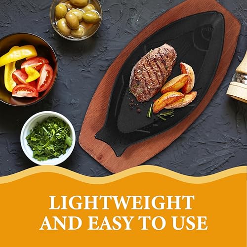 Miniatura 9 de Angoily Sartenes de hierro fundido, plato chisporroteador, sartén pequeña para pescado con base de madera para restaurante, cocina, parrilla,