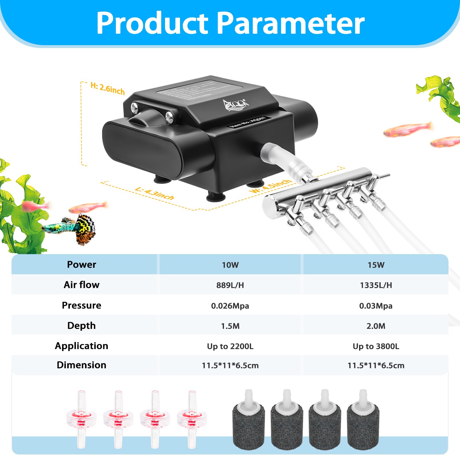 AQQA Pompe à air pour aquarium, 4 sorties puissantes pour bassin extérieur, pompe à oxygène réglable, avec accessoires