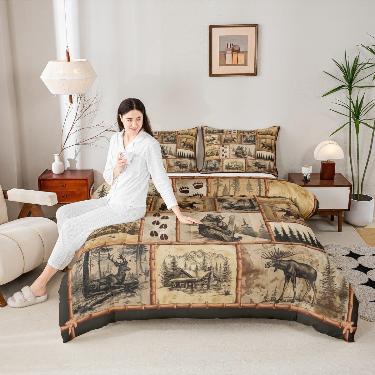 jejeloiu Bear and Deer Comforter Set Queen Size Kids Rustic Cabin Country Lodge Bedding Set for Boys Girls Teens Adults, Wild Animal Duvet Quilt Breathable Soft Tree Room Decor 3Pcs