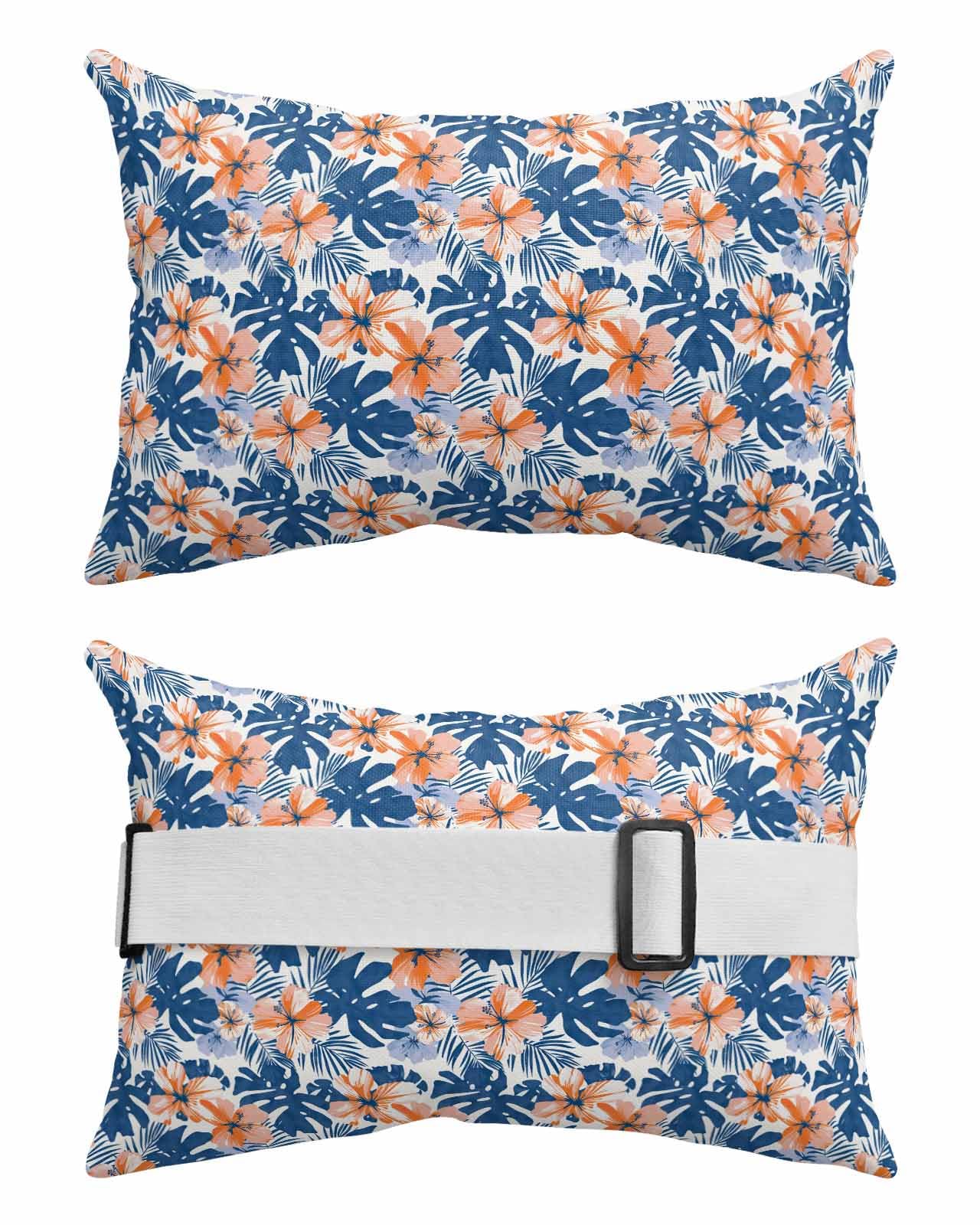 Tropical Botanical Outdoor Beach Pool Chaise Lounge Chair Head Throw Pillow Covers 11x16 with Insert and Adjustable Elastic Stripe Set of 1,Bed Body Lumbar Pillow Cases,Orange Flower Blue Palm Leaves