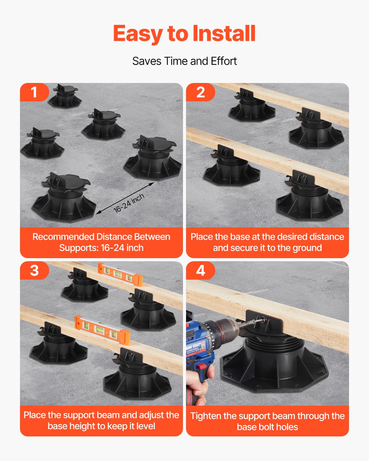 VEVOR Plot de Terrasse, Lot de 12, Support de Terrasse en Plastique PP, Hauteur Réglable 60-135 mm, Capacité de Charge 907 kg, Base de Fondation de Plateforme, pour Jardin Sols en Bois, Béton, Métal