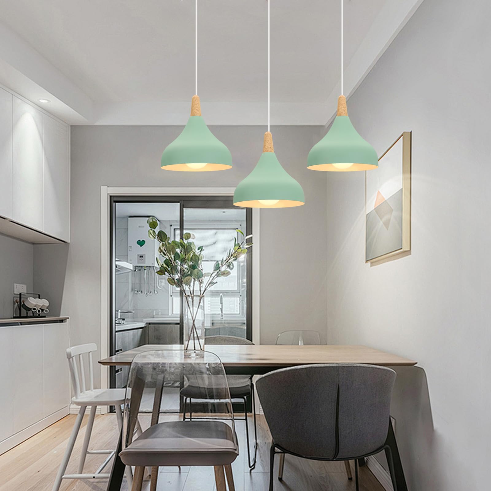 Lampadario A Sospensione retrò A 3 Luci, Stile Moderno E27, Plafoniera in Metallo E Legno per Camera da Letto, Cucina E Arredamento Casa (Giallo Chiaro, Rotondo, 20 Cm) Green Rectangle