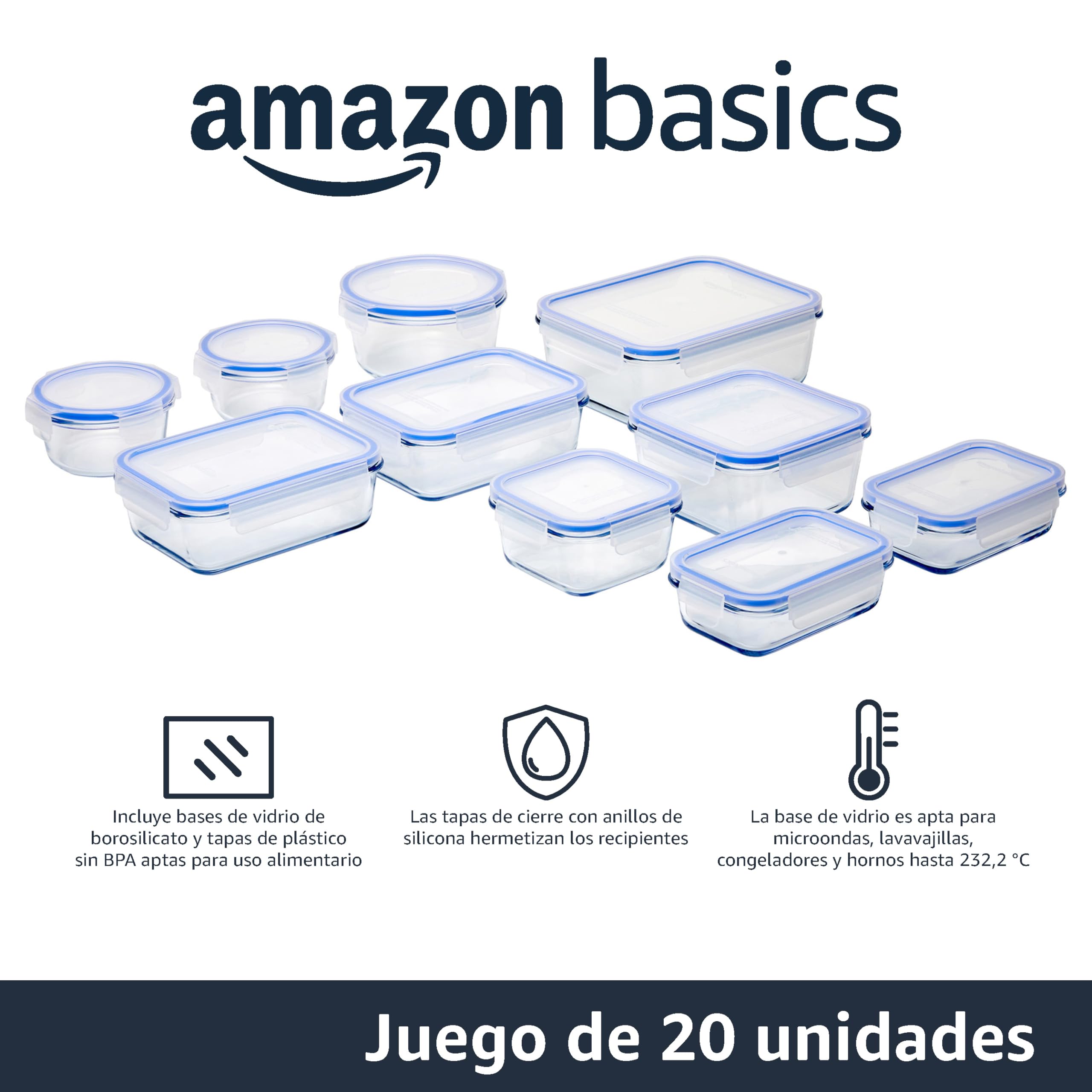 Amazon Basics Recipientes de Cristal para Almacenar Alimentos con Tapa a Prueba de Fugas, Juego de 20 piezas, 10 Bases y 10 Tapas de Plástico, Transparentes, Azules, sin BPA