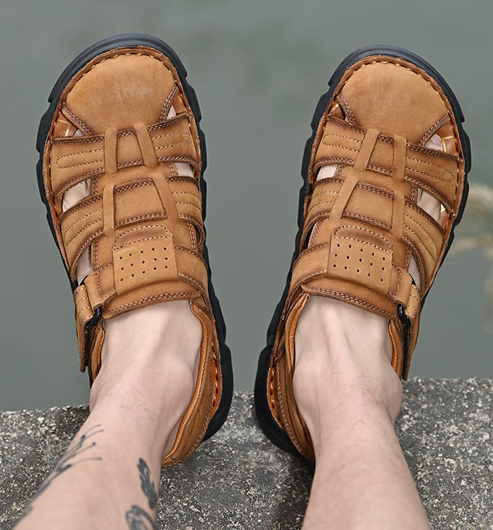Rivccku Sandalias de Cuero con punta cerrada para hombre,Sandalias deportivas al aire libre 38-48