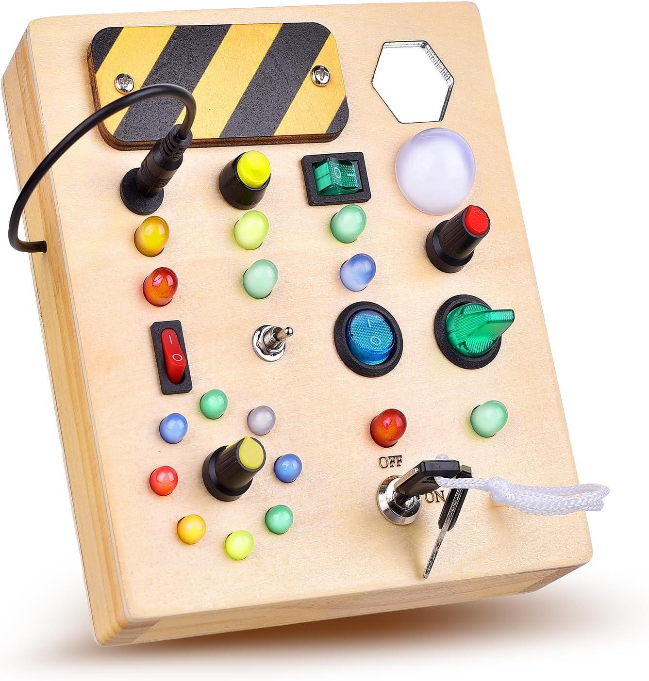 Montessori Busy Board with LED Light 17 Lights Toddler Switch Board Wooden Baby Button Light Up Toy for Baby Kids