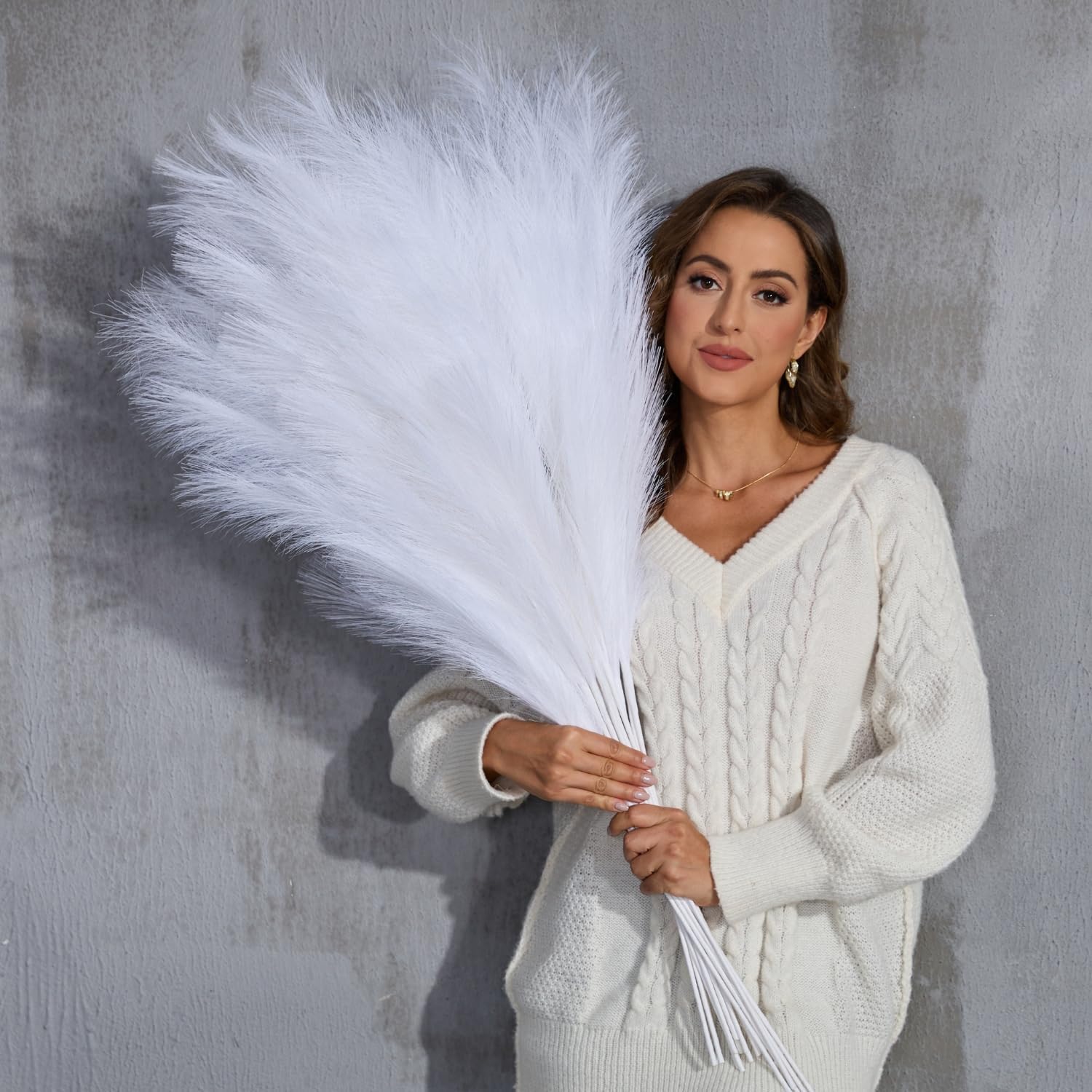 Faux Pampas Grass Tall, 9 PCS 43''/ 110 cm Large Fluffy White Pampas Grass, Fake Pompas Branches, Long Feathers for Floor Vase, Boho Flower Arrangement for Home Wedding Decor (White)
