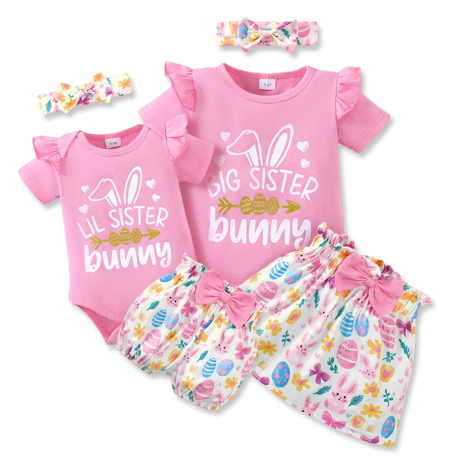 AMAWMW Big Sister Little Sister Matching Outfits Romper Shirt Shorts Skirt Headband Toddler Baby Girl Summer Clothes