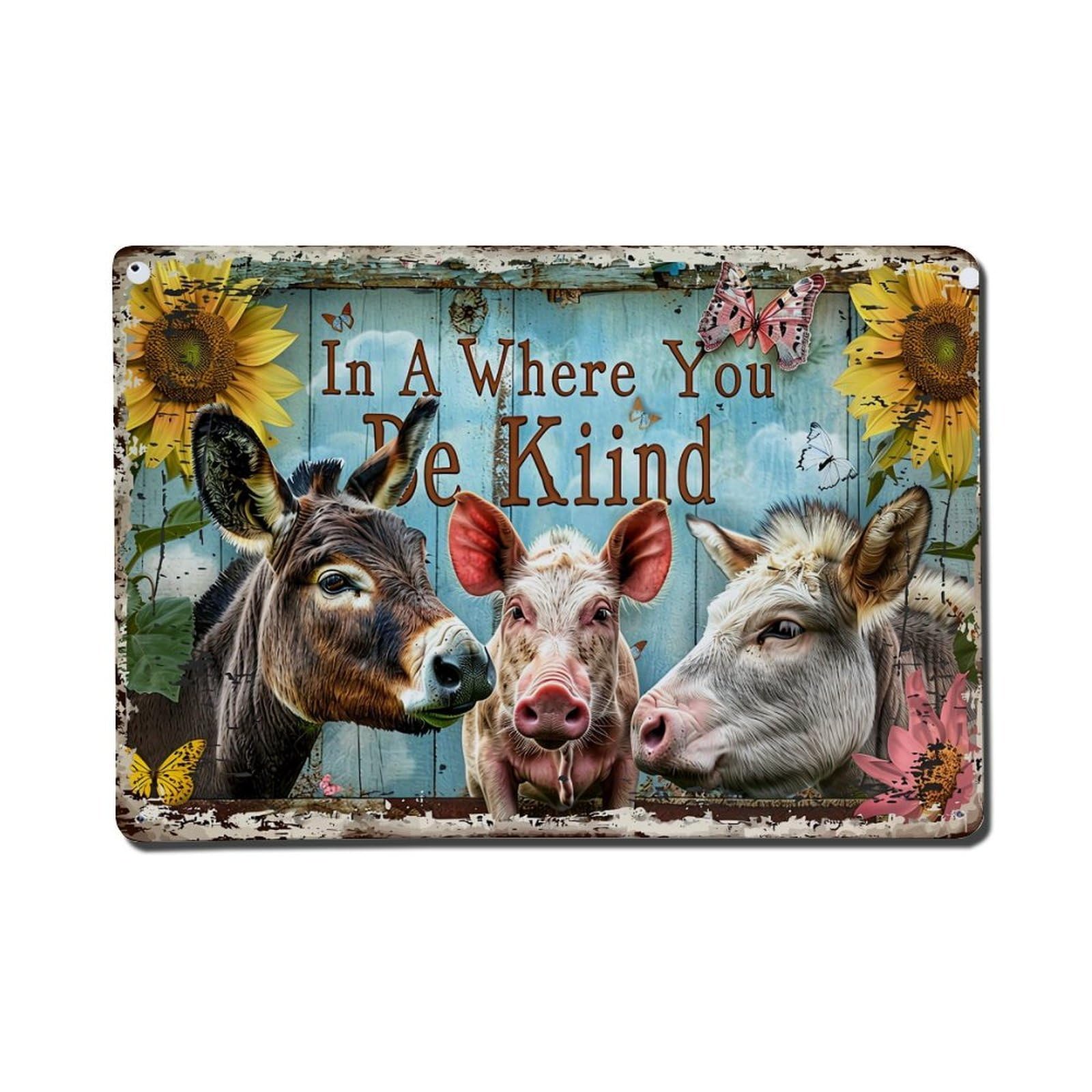 Farm Animals Sunflowers Butterflies Kindness Sign Retro Metal Tin Sign, Vintage Decor Art Poster for Bar, Home, Man Cave, Kitchen, Laundry Room Gift 8x12Inch