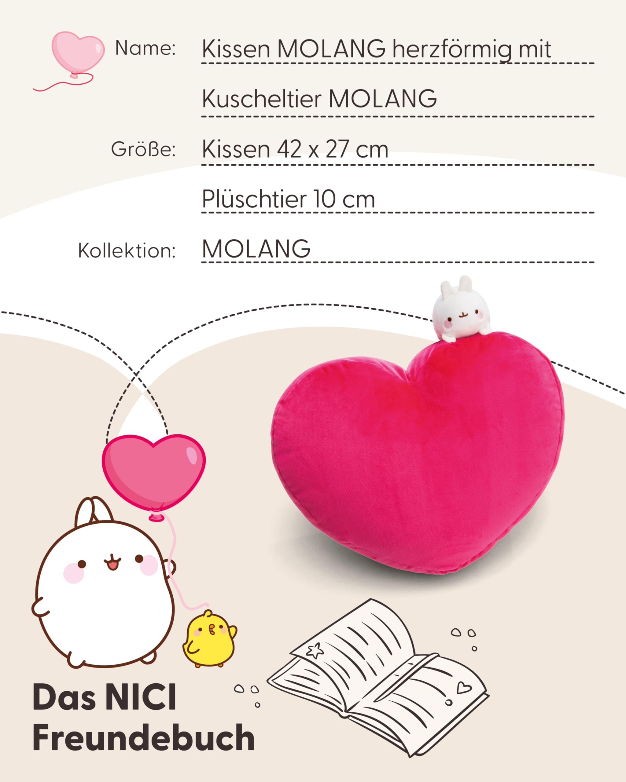 NICI NIC Kissen MOLANG herzförmig 42x27cm mit Kuscheltier MOLANG 10cm pink - Flauschiges Kuscheltierkissen für Kinder, Babys und Kuscheltierliebhaber, ideal für Zuhause, Kindergarten oder unterwegs