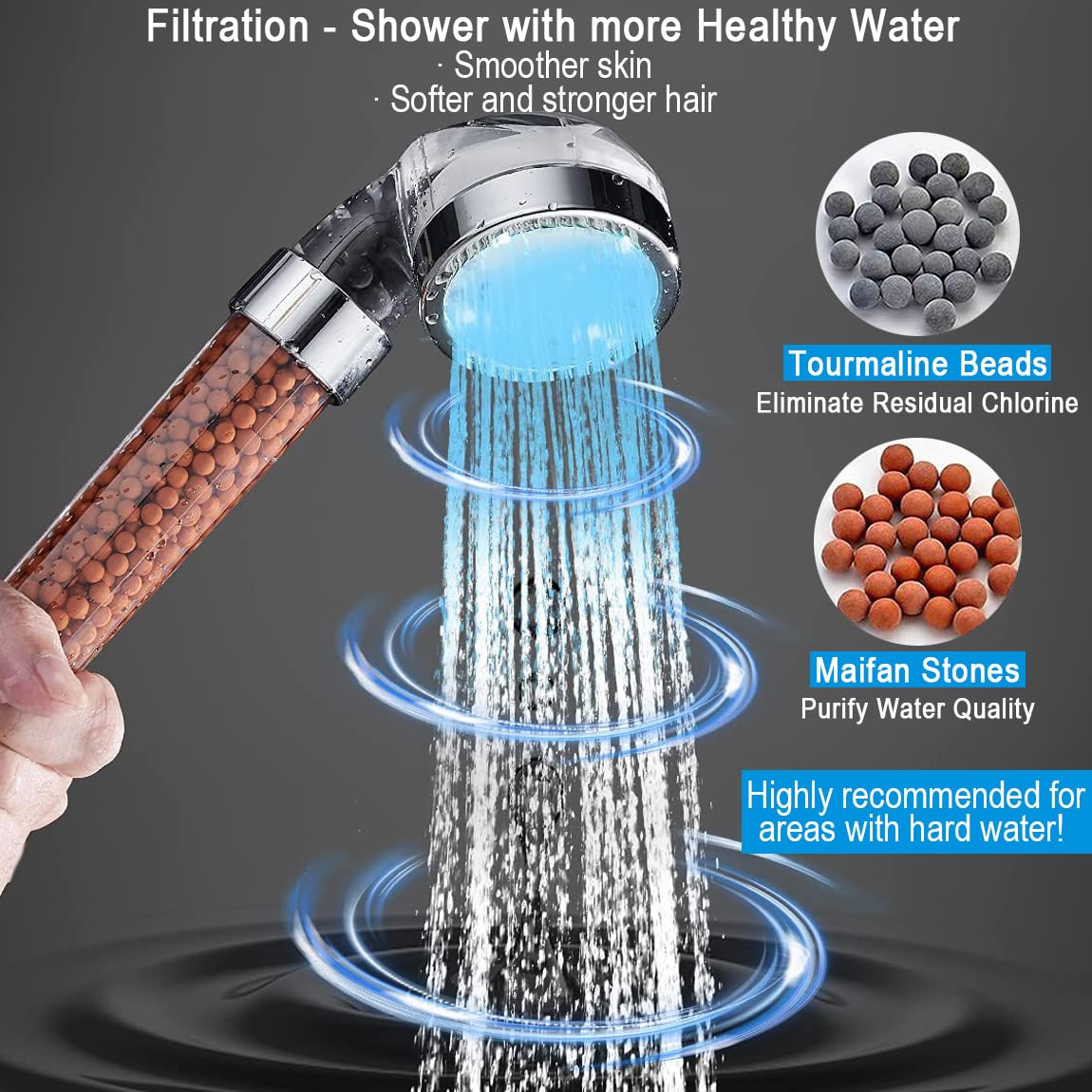 Juego de cabezal de ducha de mano LED con filtración, kit de cabezal de ducha automático de 7 colores, cabezal de ducha de mano de alta presión con manguera y soporte, cabezales de ducha de 2