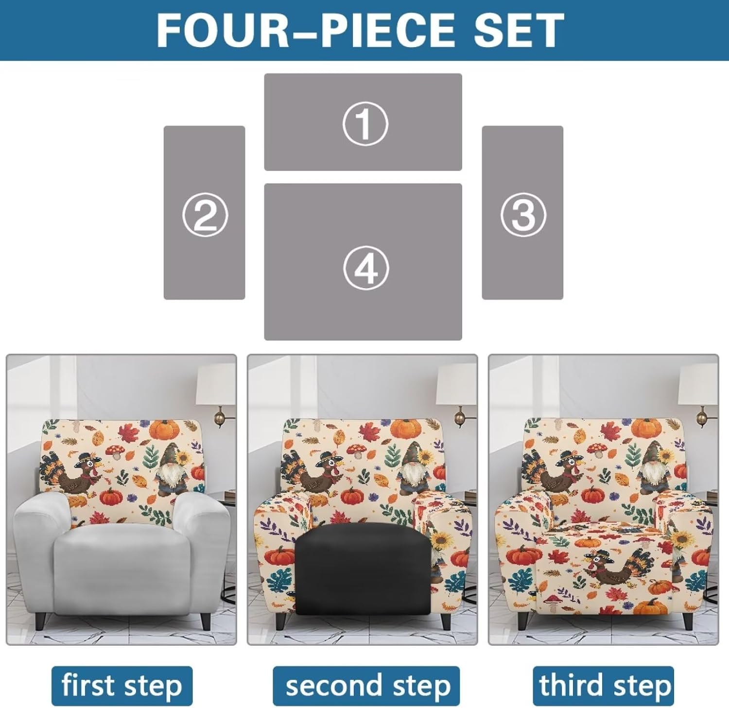 FOR U DESIGNS Cute Turkey Recliner Slipcover with Elastic Loops for Reclining Chairs Stretch Sofa Cover Easy Install Washable Living Room Furniture Protector