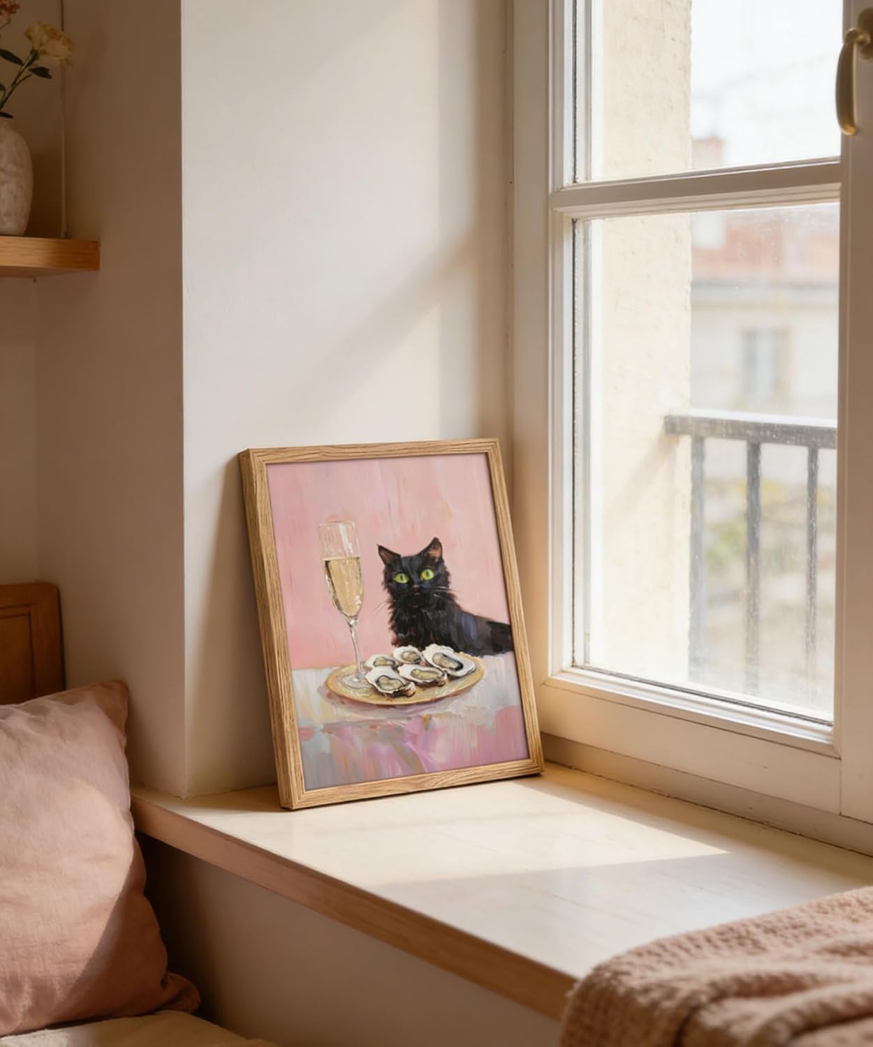 Framed Funny Black Cat Wall Art Champagne Oyster Bar Cart Picture Wall Decor Whimsical Black Cat Poster Print for Dining room Kitchen Living room Home Decoration 12x16in