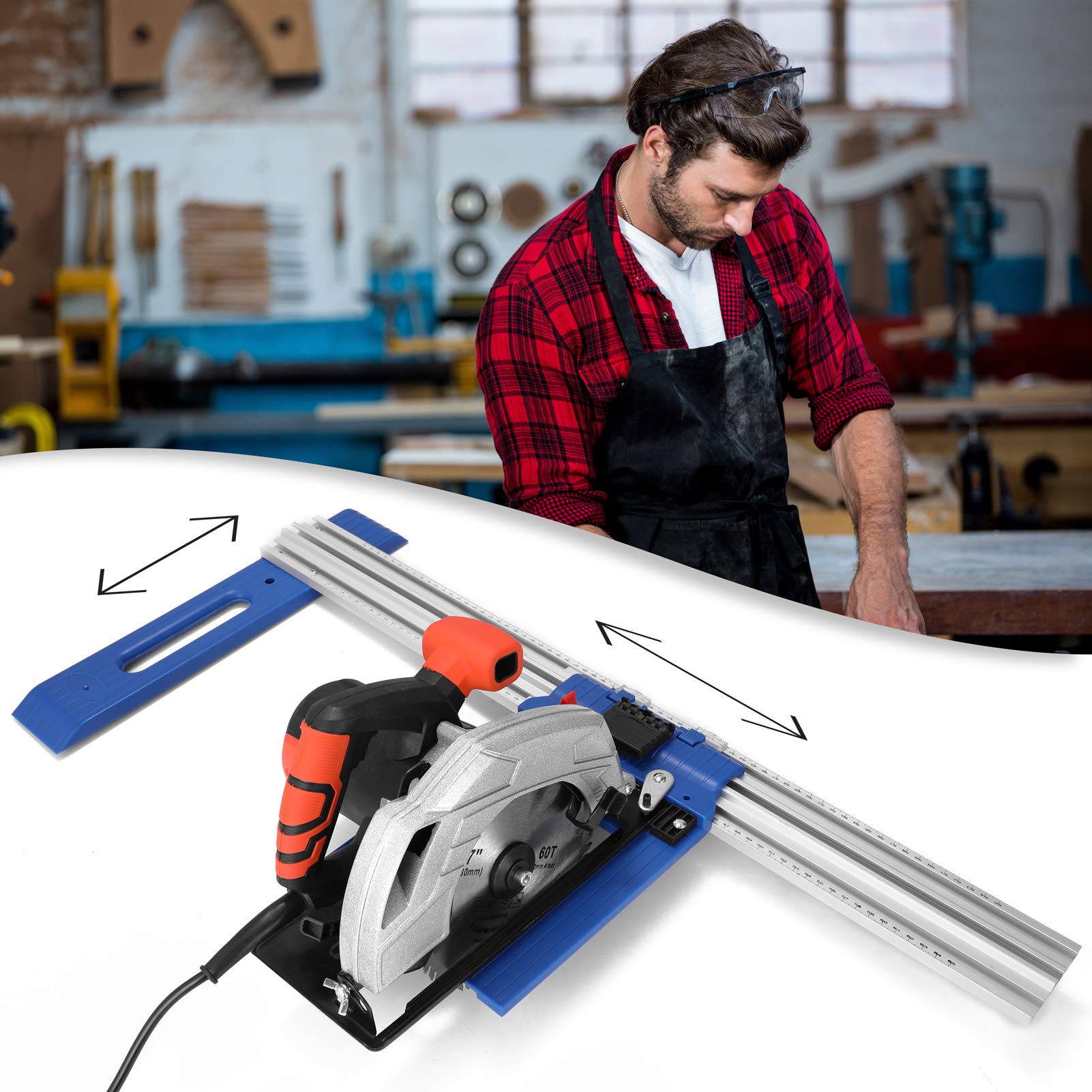 HT-RC60 Guía de borde para carpintería y de riel de sierra circular para corte al hilo, riel de aluminio sólido con trineo universal y marco de posicionamiento, compatible con