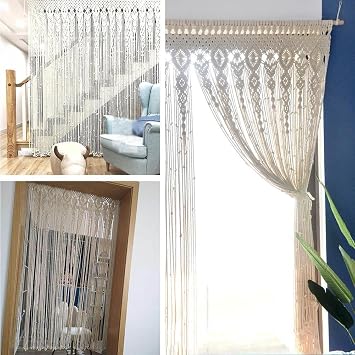 Macrame Wall Hanging Tapestry, Improved Thick Cotton Thread, Handmade Woven, Door Curtain Beads, Boho Curtain, Room Divider, Macrame Curtain, for Wedding Background, Home Decoration, 100 x 200
