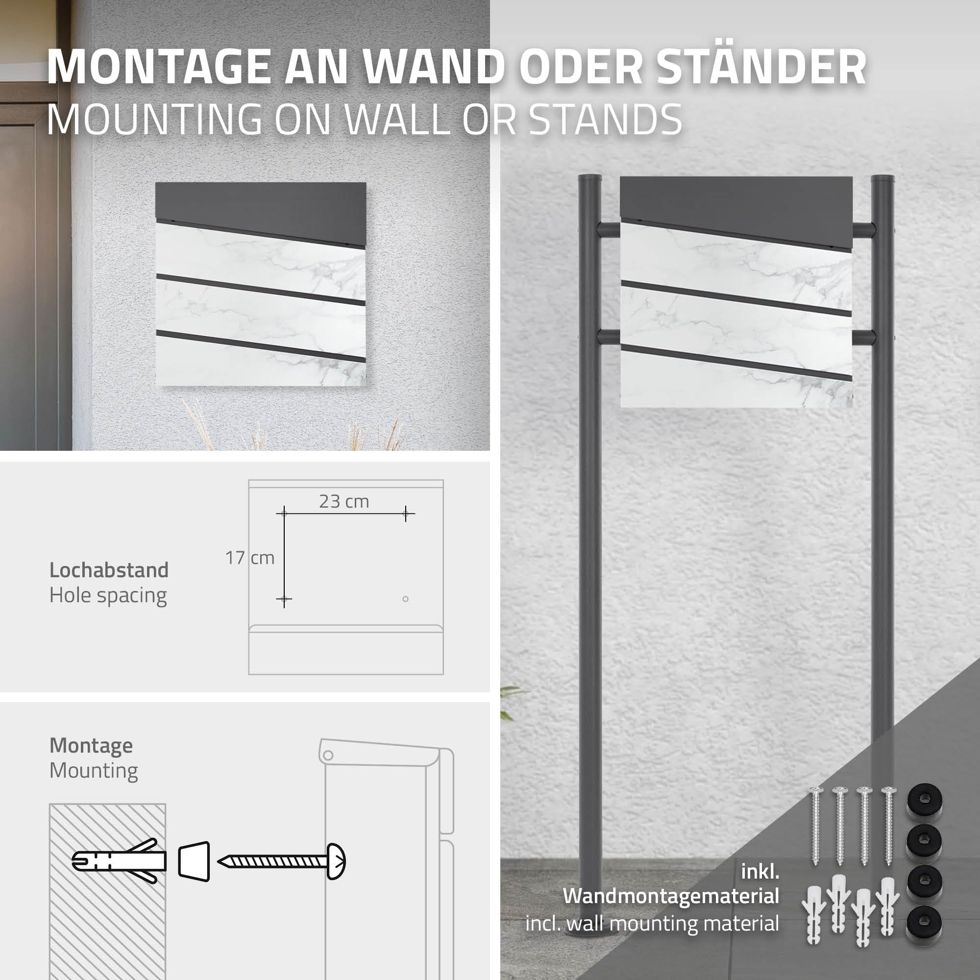 ML-Design Cassetta Postale Montaggio a Parete Muro Esterno 37 x 36,5 x 11 cm in Acciaio Antracite/Aspetto Marmo Buca delle Lettere con Scomparto Porta Giornali Stile Moderno con Serratura e 2 Chiavi