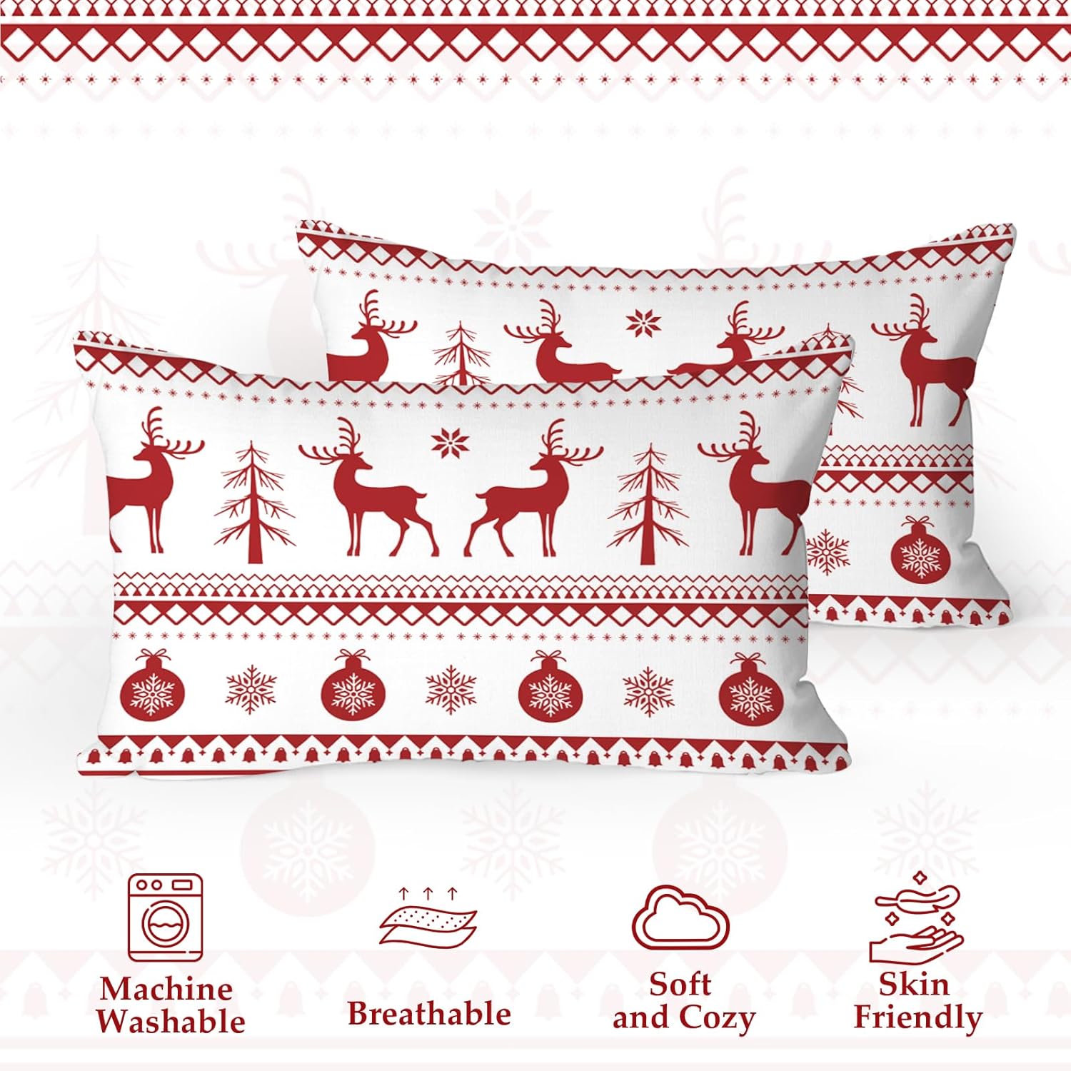 DJY Christmas Pillowcases for Bed, Red Throw Pillow Cover Set of 2 Christmas Reindeer Tree Print Decorative 20 x 28 Inch Pillow Cases Protector Home Winter Holiday Decortion for Long Throw Pillow