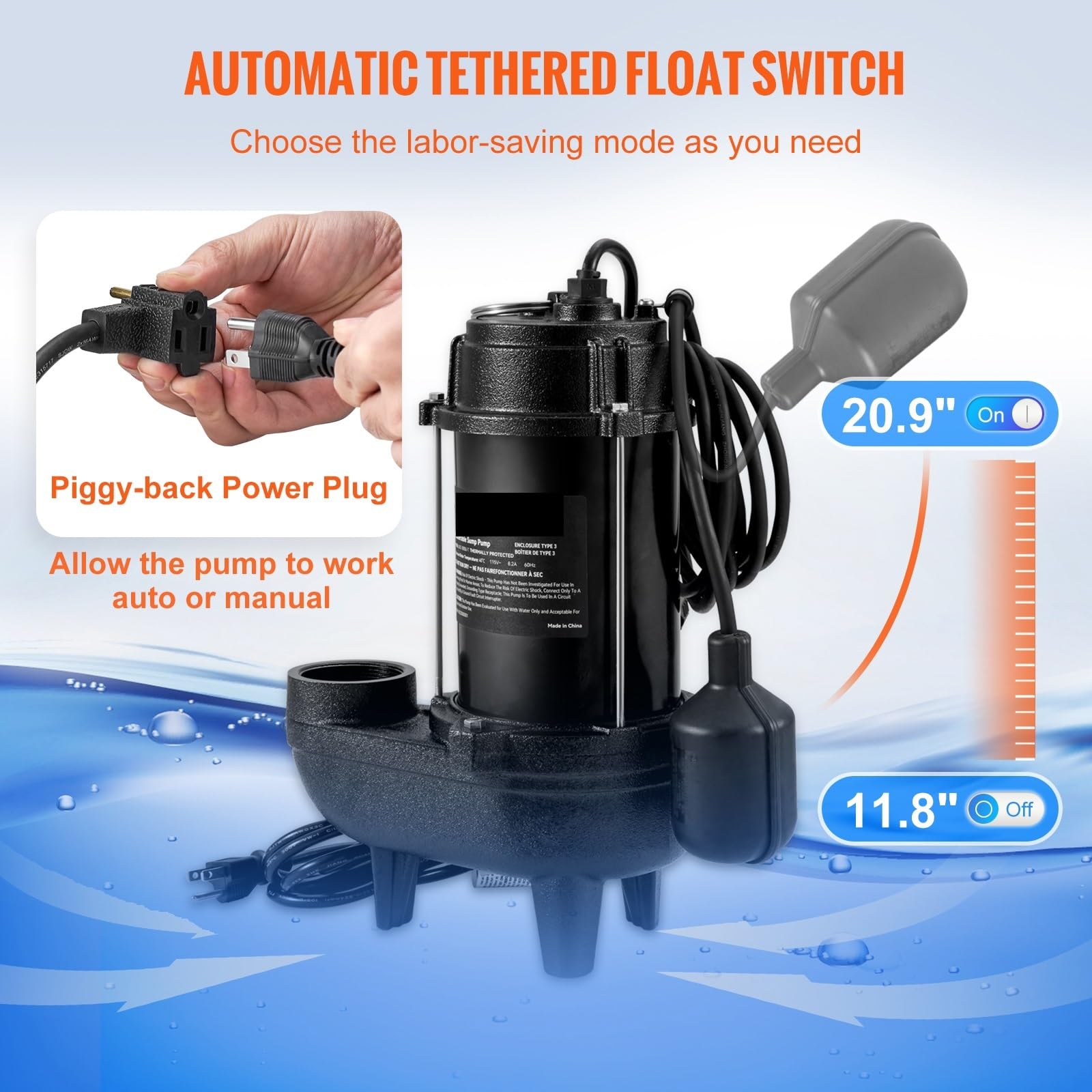 Llenado por Peso Bomba sumergible for aguas residuales de 3/4", 5880 GPH, 1050 W, hierro fundido, con interruptor flotador 10 pies, for fosas sépticas y sótanos