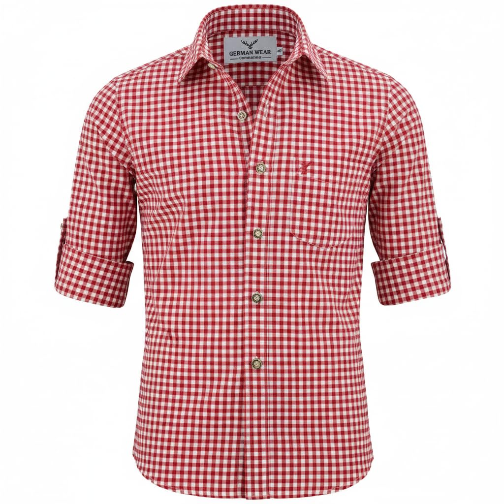 German Wear Trachtenhemden für Herren mit Langen Ärmeln, klassisches Karomuster, hochwertige bayerische Mode mit Hirsch-Stickerei und kardieten Ärmeln
