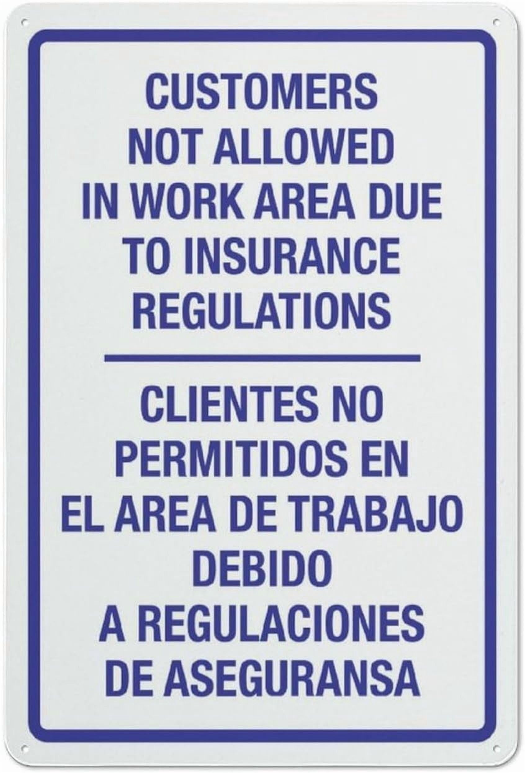 (2-Pack) Metal Tin Sign Customers Not Allowed In Work Area Due To Insurance Regulations Bilingual Spanish Sign Home Kitchen Farm Garden Garage Wall Decor 12X8Inch