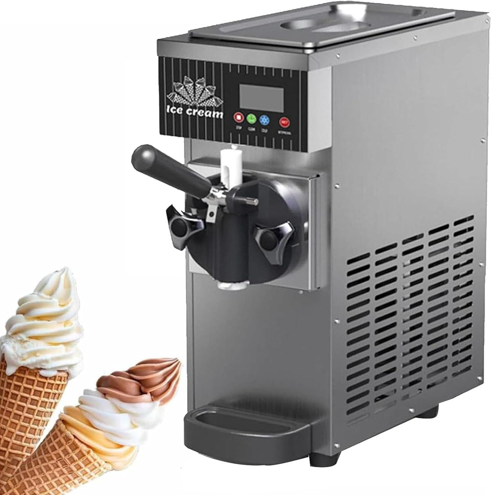 PioMue Countertop Italian Ice Cream Maker, Commercial Ice Cream Machine,Soft Ice Cream 4-5kg/H with LCD Screen, for Yogurt, Coffee, Snack Bar StainlessSteel