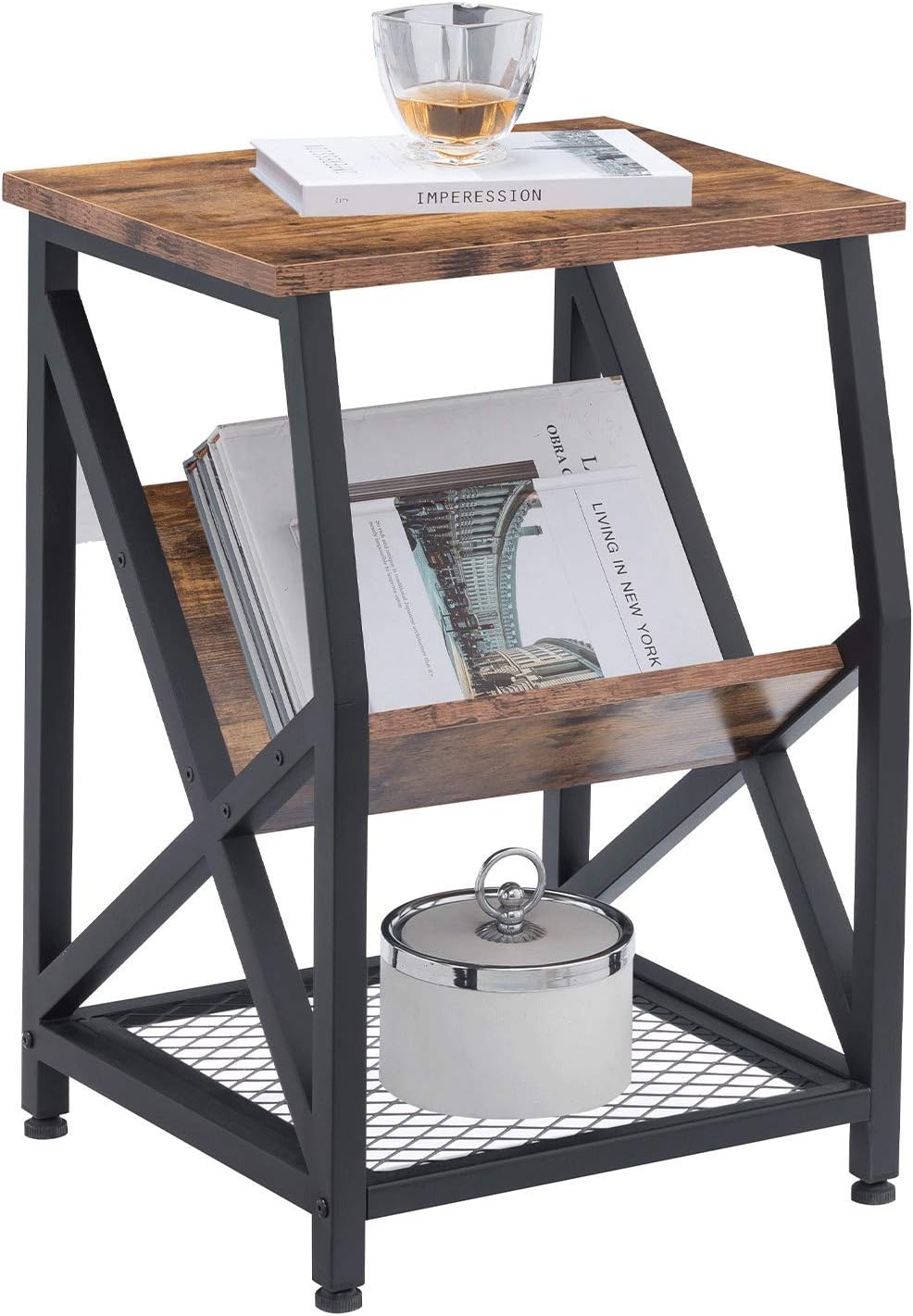 AMOAK Nightstand, Rustic End Table for Living Room, Bedroom, Side Table with 3-Tier Storage Shelf, Sturdy and Easy Assembly, Retro Brown