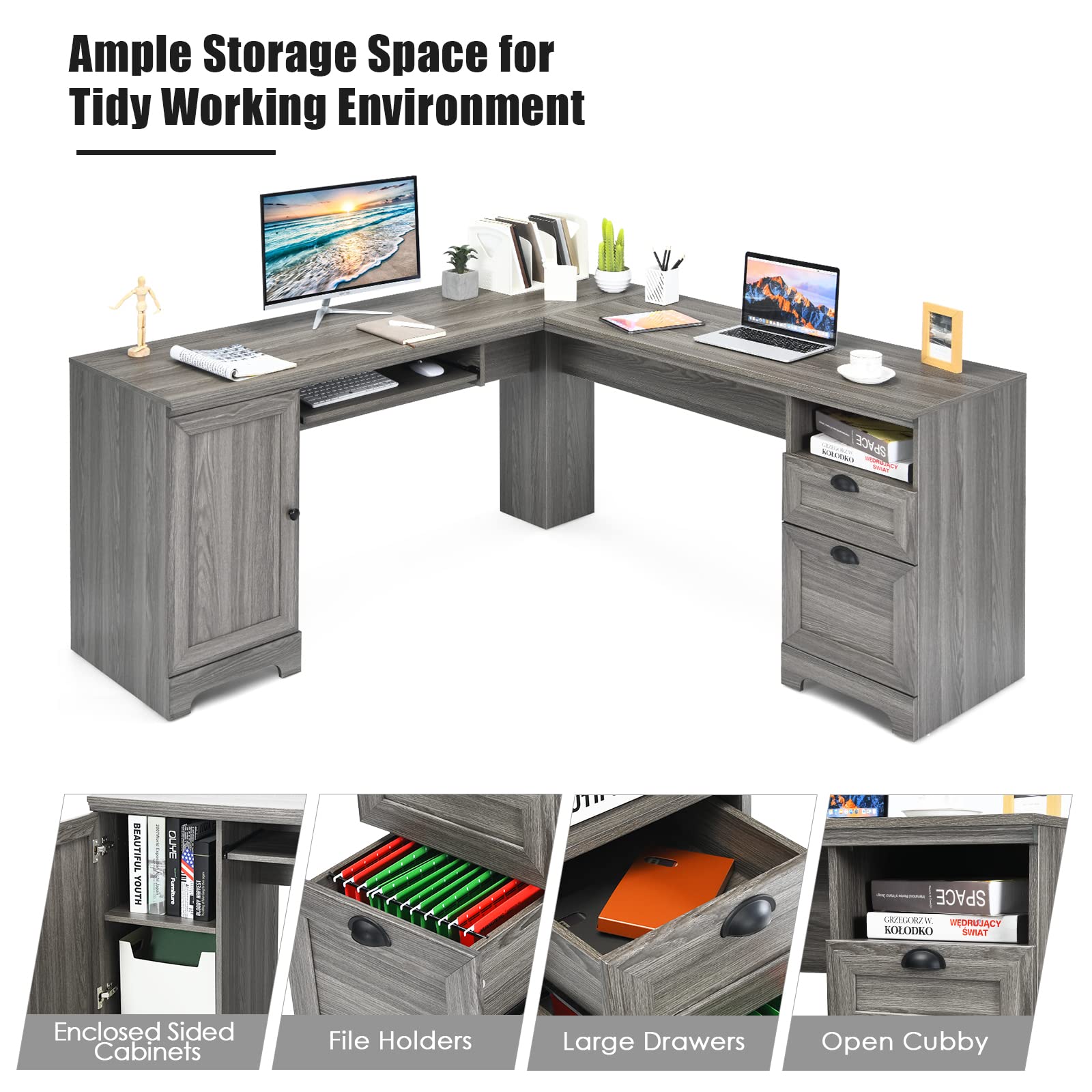 Tangkula 66" × 66" LShaped Desk, Corner Computer Desk with Drawers Keyboard Tray and Storage