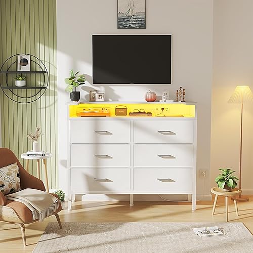 Miniatura 8 de BOLUO Cómoda Blanca con Luz LED y Estación de Carga para Dormitorio, Cómoda de 6 Cajones con Toma USB, Cómodas de Tela y Cajoneras Modernas