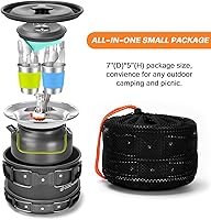 Vista 5 de Odoland Juego de 16 utensilios de cocina para acampar con estufa de campamento plegable, antiadherente, ligero, juego de ollas con tazas de acero