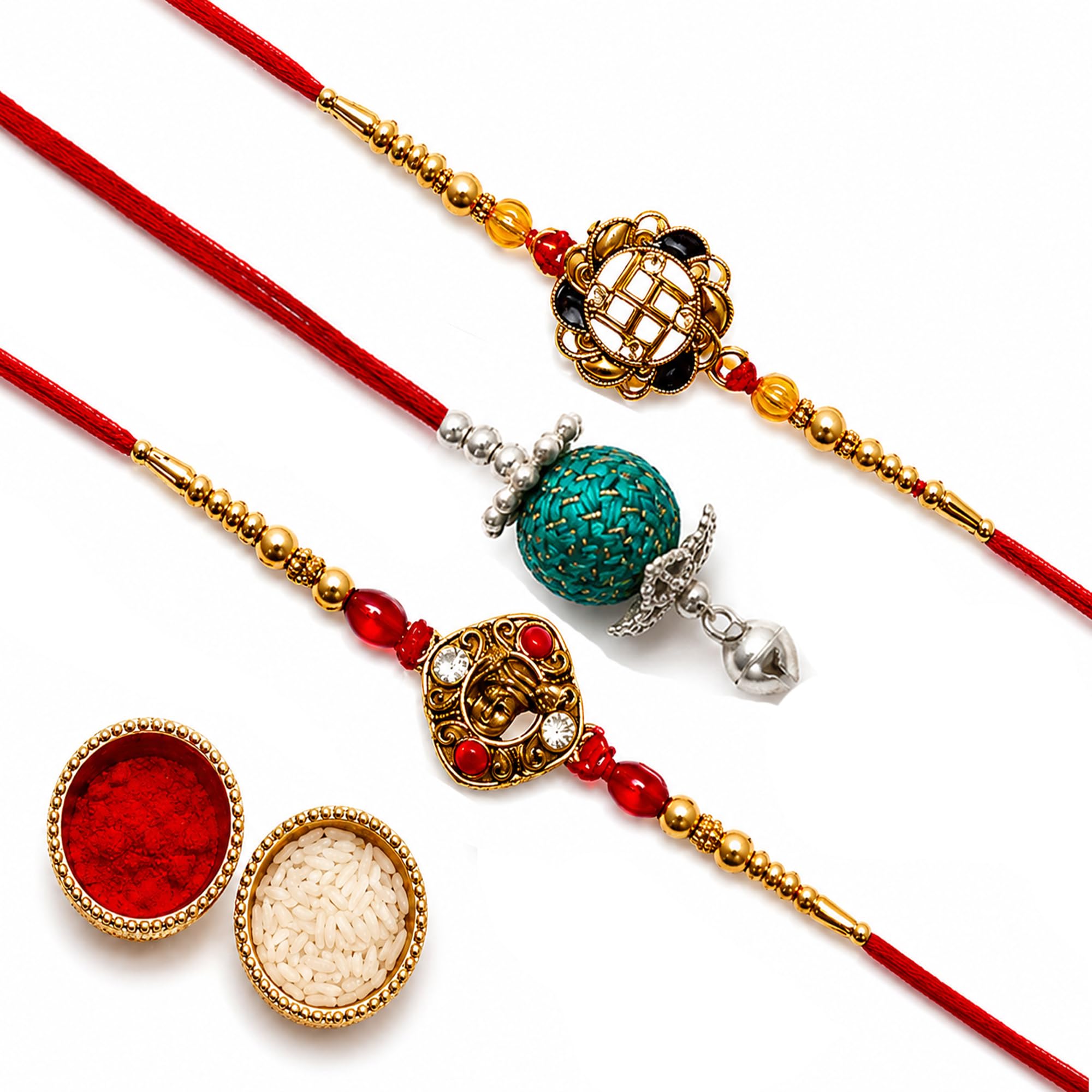 Cyan Collection Designer Brother Rakhi & Gold Jhumka Lumba Combo with Roli Chawal | Traditional Red Mauli Thread | Raksha Bandhan Gift for Bhaiya Bhabhi | Set of 2-image-21