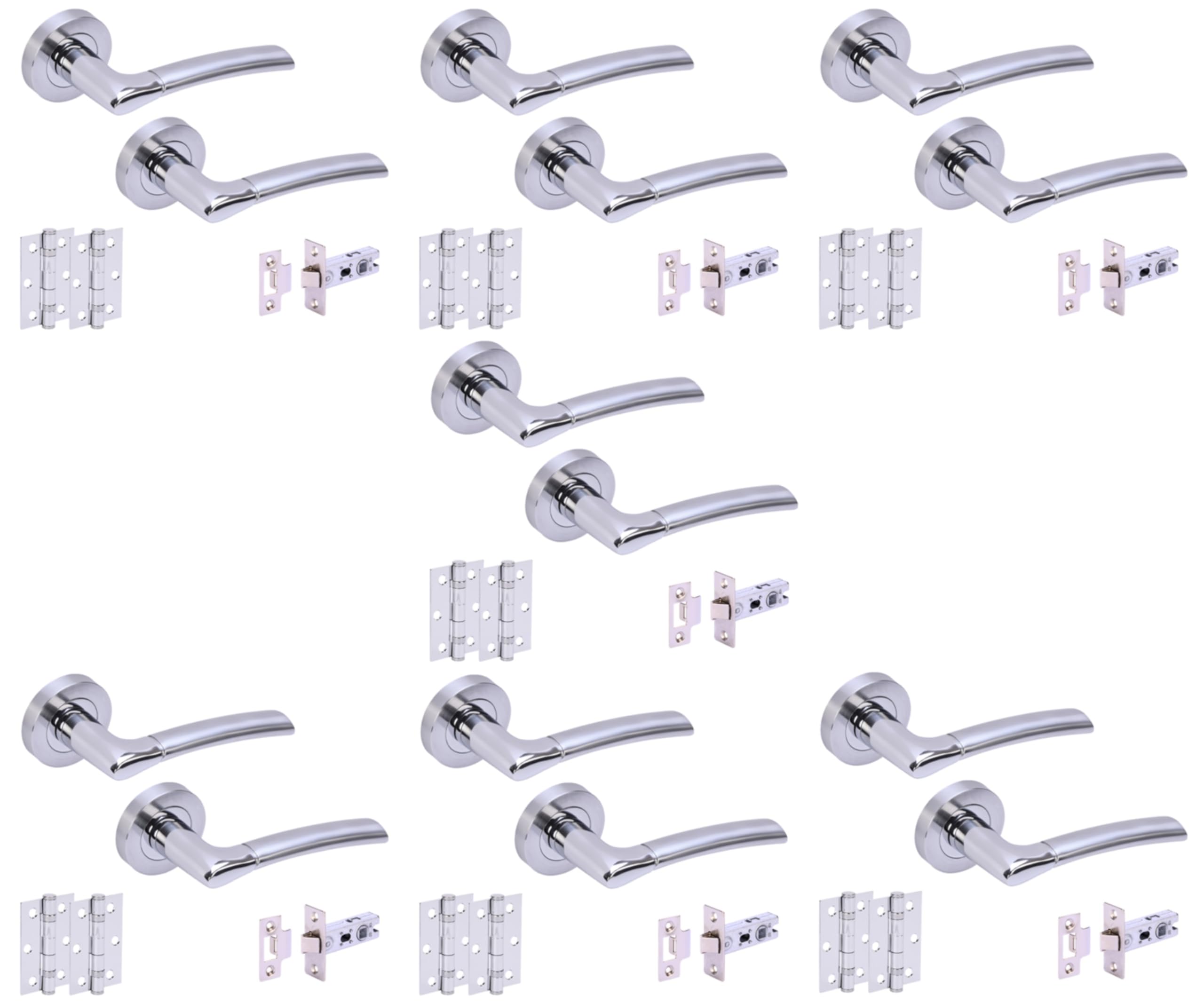 Hunta Polished Chrome / Satin Chrome Handlezone® 7 Sets Columba Premium Internal Door Handles On Rose Lever Latch Packs With 75Mm Ball Bearing Hinges And 65Mm Latches - Dual Polished/Satin Chrome