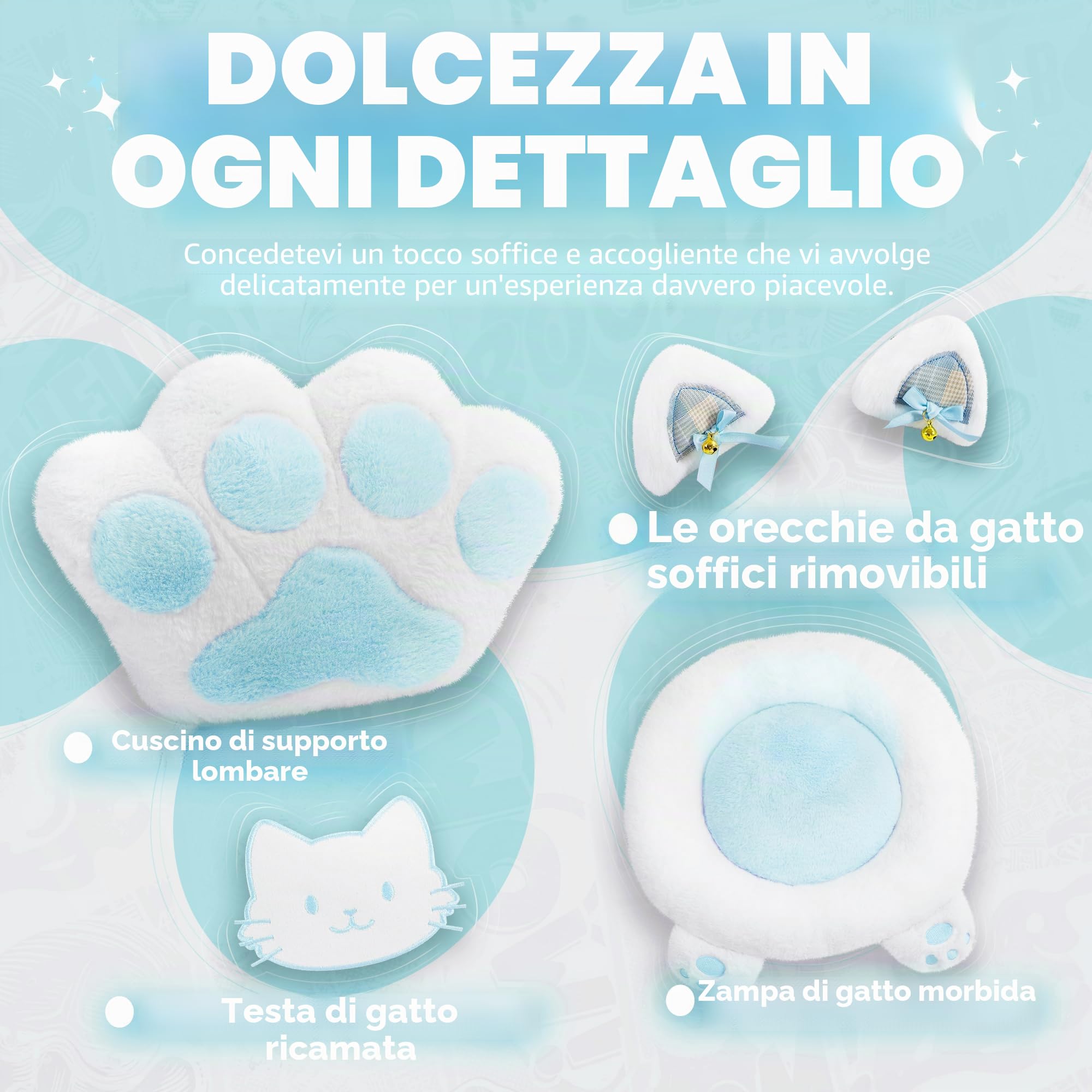 Gatto Sedia Gaming con Poggiapiedi, Cuscino Lombare e Orecchie di Gatto, Sedia da Gaming Ergonomica in Velluto, con Poggiapiedi, per Donne, Adulti e Adolescenti, Blu e Bianco