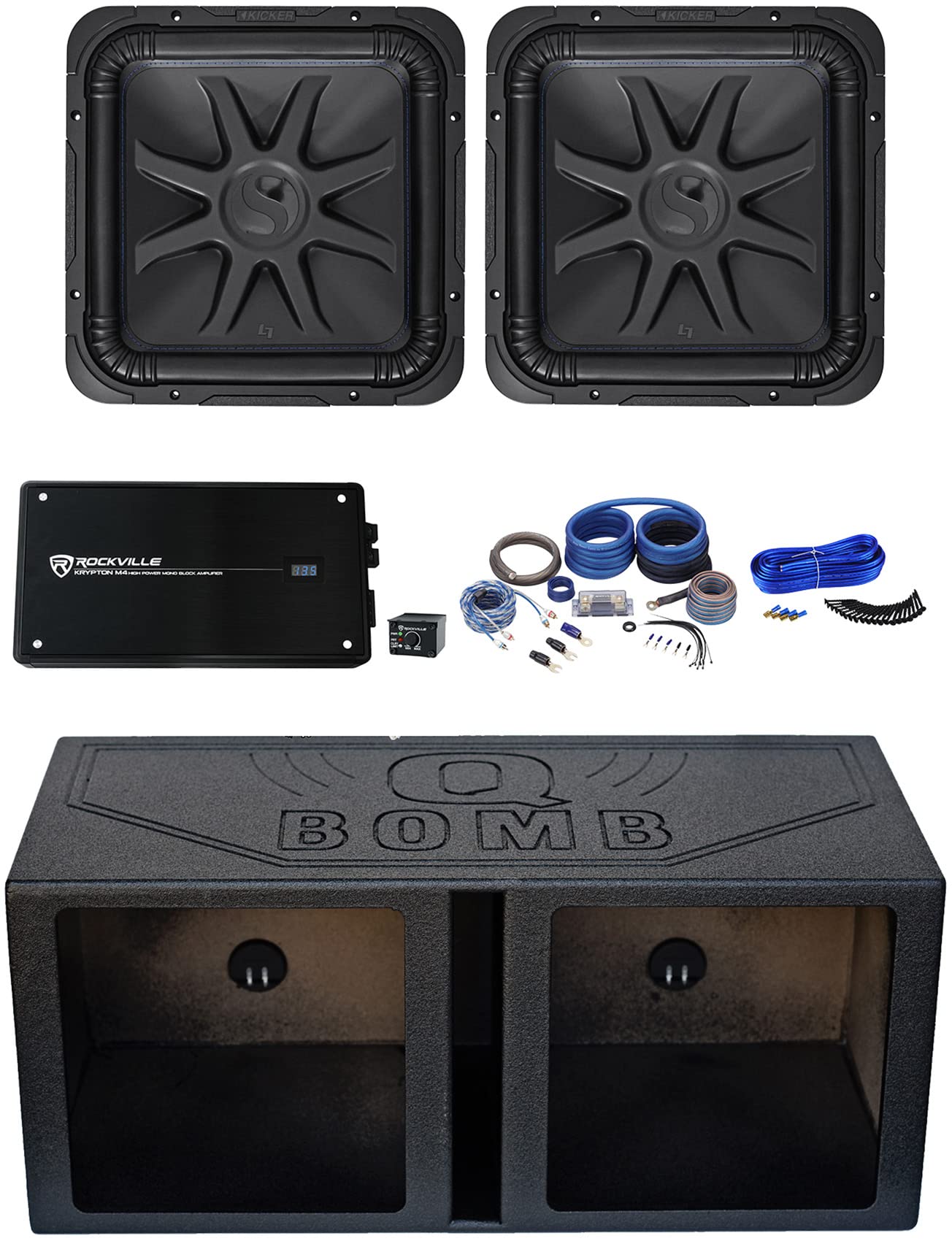 KICKER (2) 44L7S154 15" 4000 Watt Solobaric L7S Subwoofers+Amp+Bedlined Sub Box