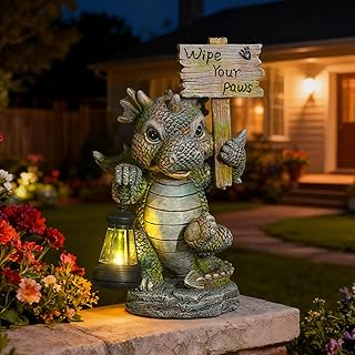 Joint Honglin Outdoor Dragon Garden Statue with Hanging Lantern | Cute Welcome Sign, Waterproof Resin Dinosaur Figurine, Outdoor Yard Decor for Front Door, Porch, Patio, Dog Pet Lover Gift