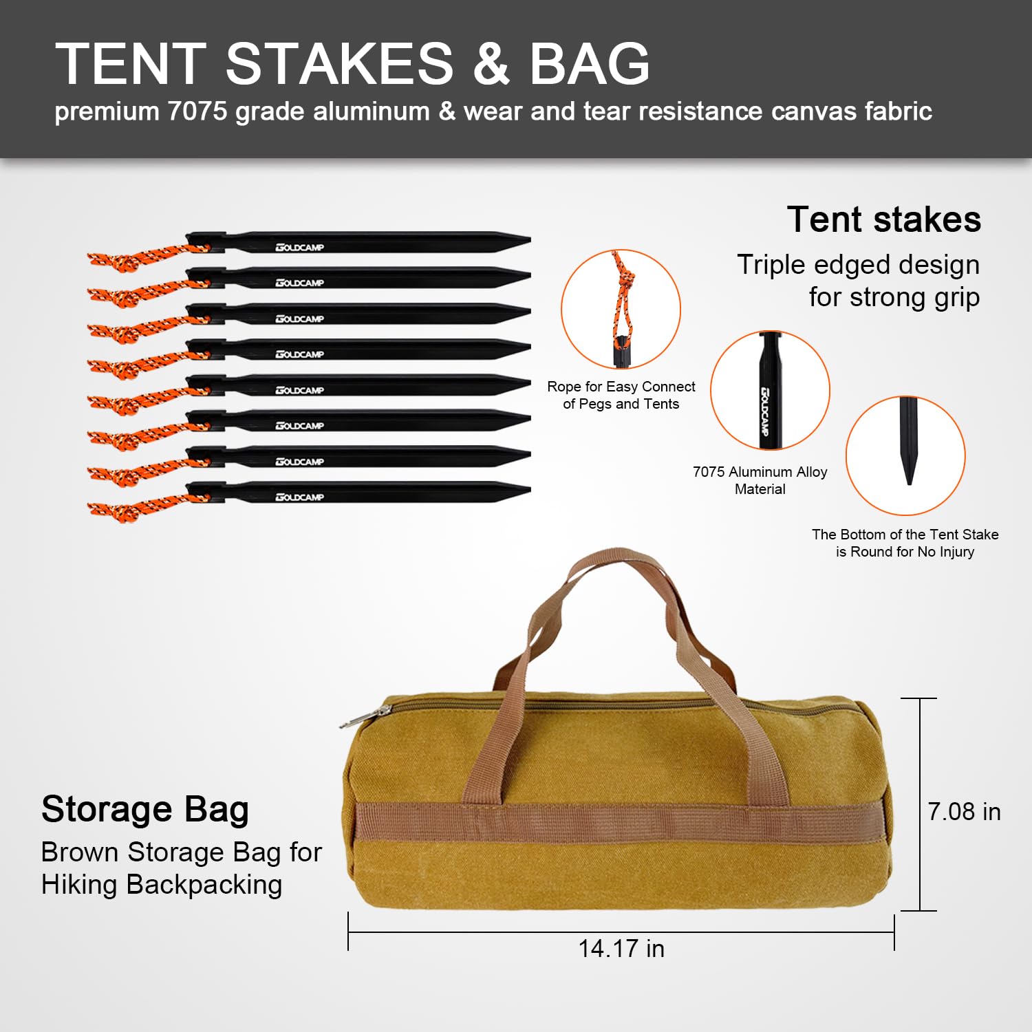 Zeltheringe und Hammer mit Canvas-Aufbewahrungstasche, robuste Campingpfähle für Outdoor-Zelt und Planen, unverzichtbares Zubehör, Karbonstahl, Aluminium, Campinghammer für Wander-Set, 8 Stück
