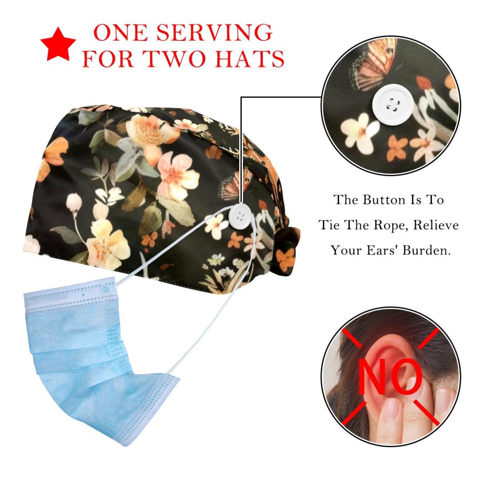 2 Pcs Floral Deers Working Cap with Buttons Sweatband Adjustable Hats Tie Back Hats