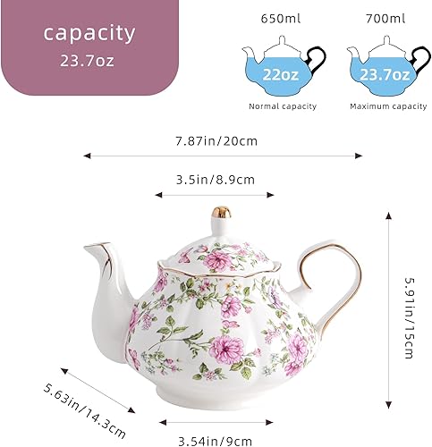 Miniatura 2 de Tetera de porcelana, tetera de porcelana para fiestas de té, infusoras de té para florecer té de hojas sueltas (blanco y flores grandes)