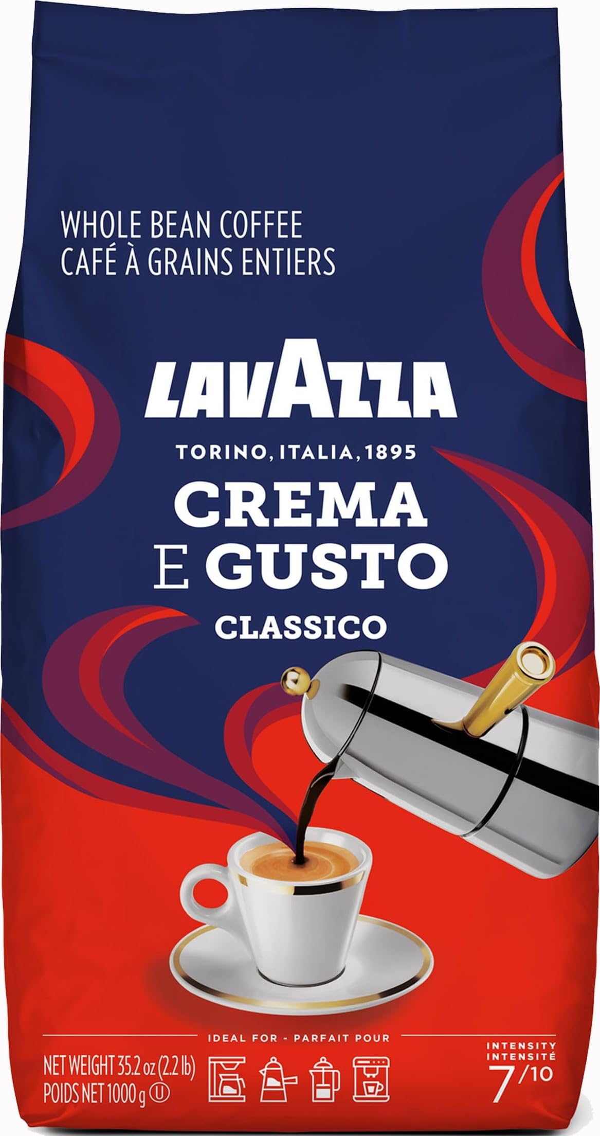 Lavazza, Crema e Gusto Classico, Ganze Arabica und Robusta Kaffeebohnen, Ideal für Espressomaschinen, mit Aromanoten von dunkler Schokolade und Nüssen, Intensität 7/10, Dunkle Röstung, 1 kg Packung