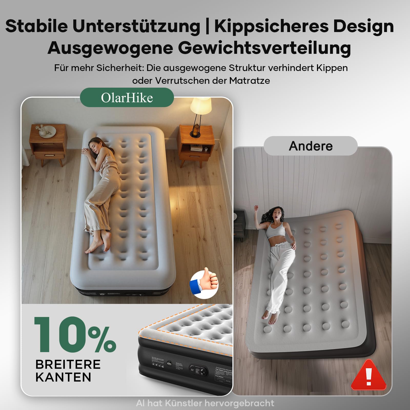 OlarHike Luftmatratze selbstaufblasend 90x200x46 cm Luftbett 1 Person | Gästebett mit Pumpe für Camping, Studentenwohnung und Zuhause. Wasserfestes PVC, weiches Flockbett, bis 150 kg belastbar