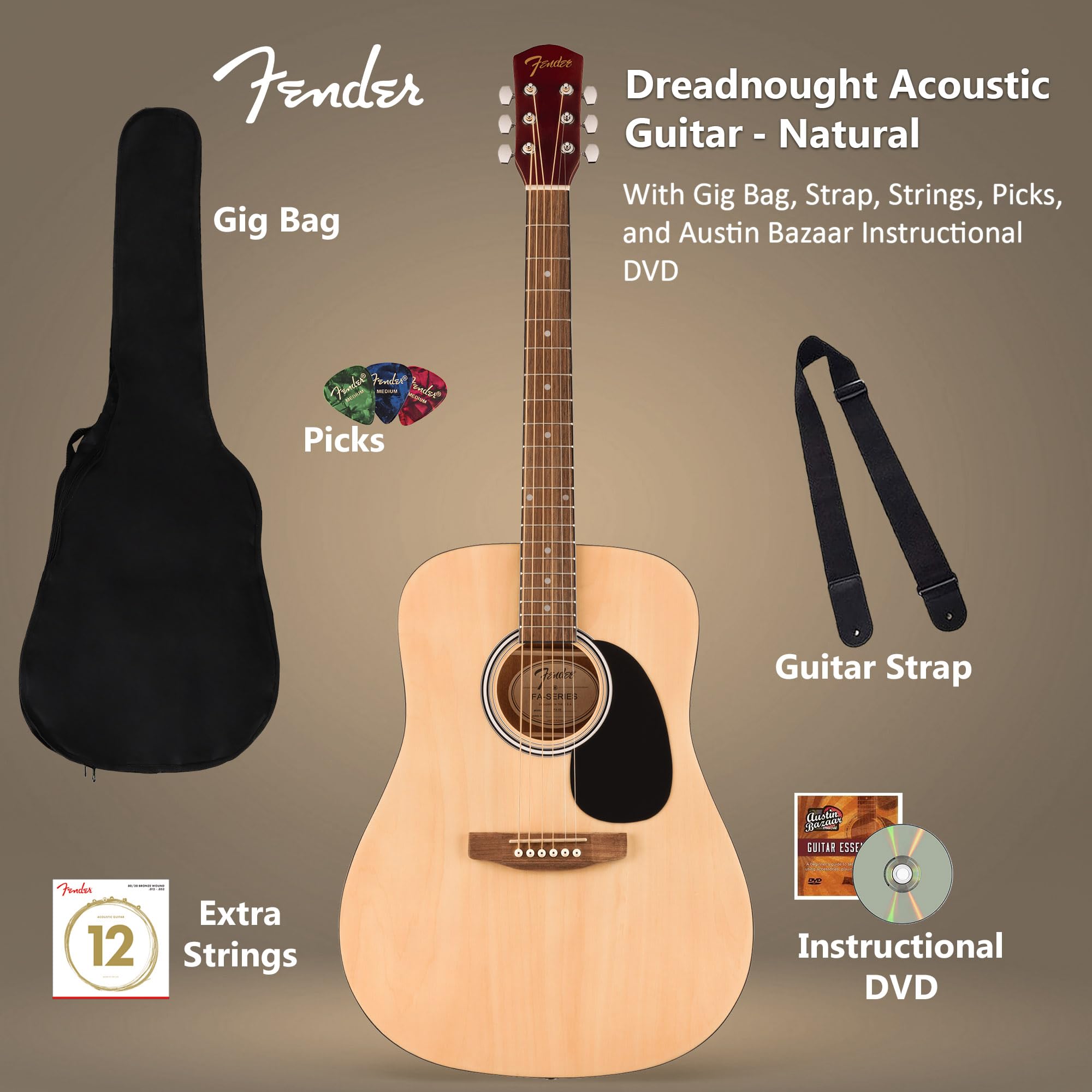 Fender Dreadnought Acoustic Guitar - Natural Bundle with Gig Bag, Strap, Strings, Picks, and Austin Bazaar Instructional Video