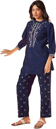 Janasya Indian Womens Blue Festive Embroidered Kurta Set for Women