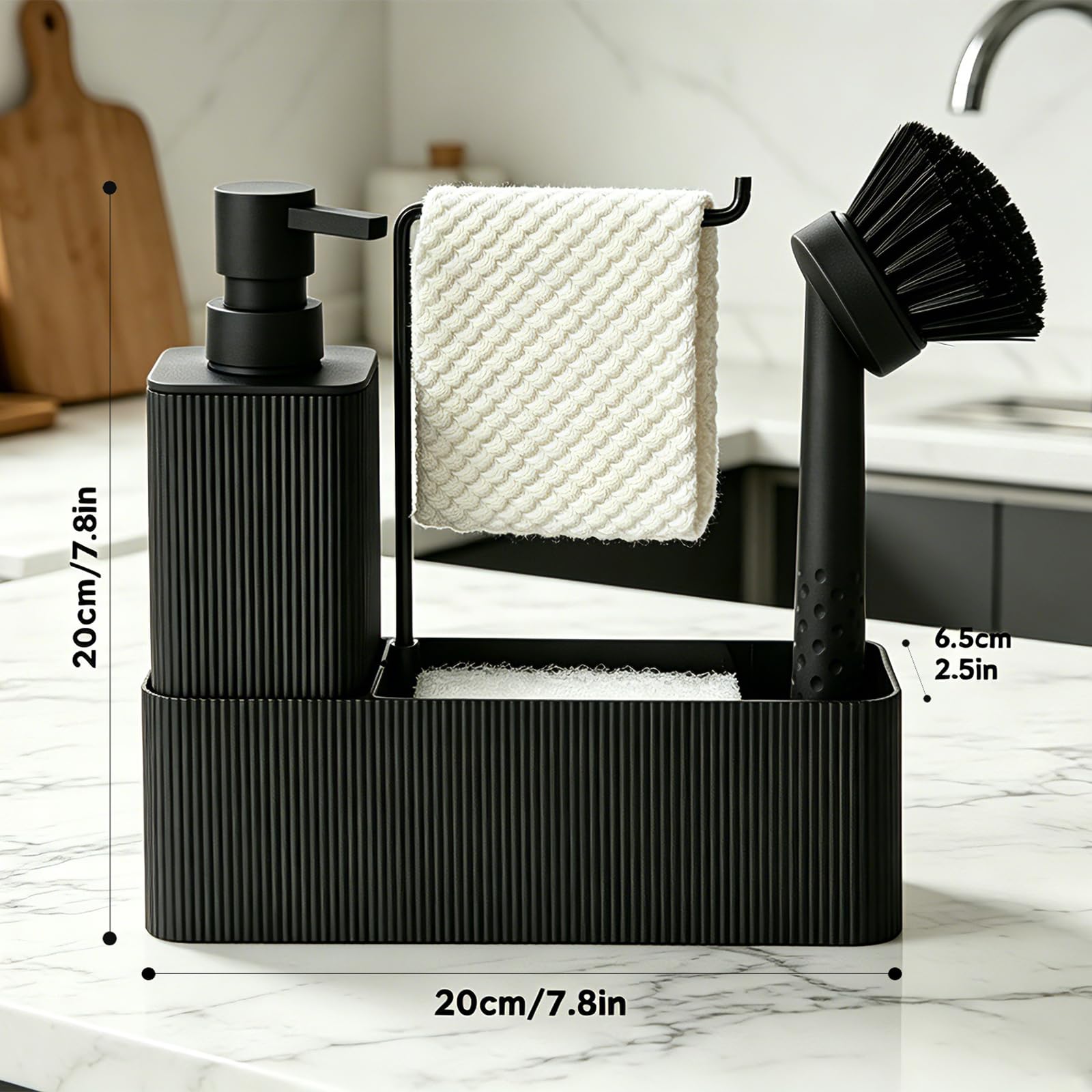 Dispenser Sapone Cucina con Porta Spugna e Spazzola, Dispenser Detersivo Piatti Nero, 4 in 1 Organizer Lavello Cucina (Nero)