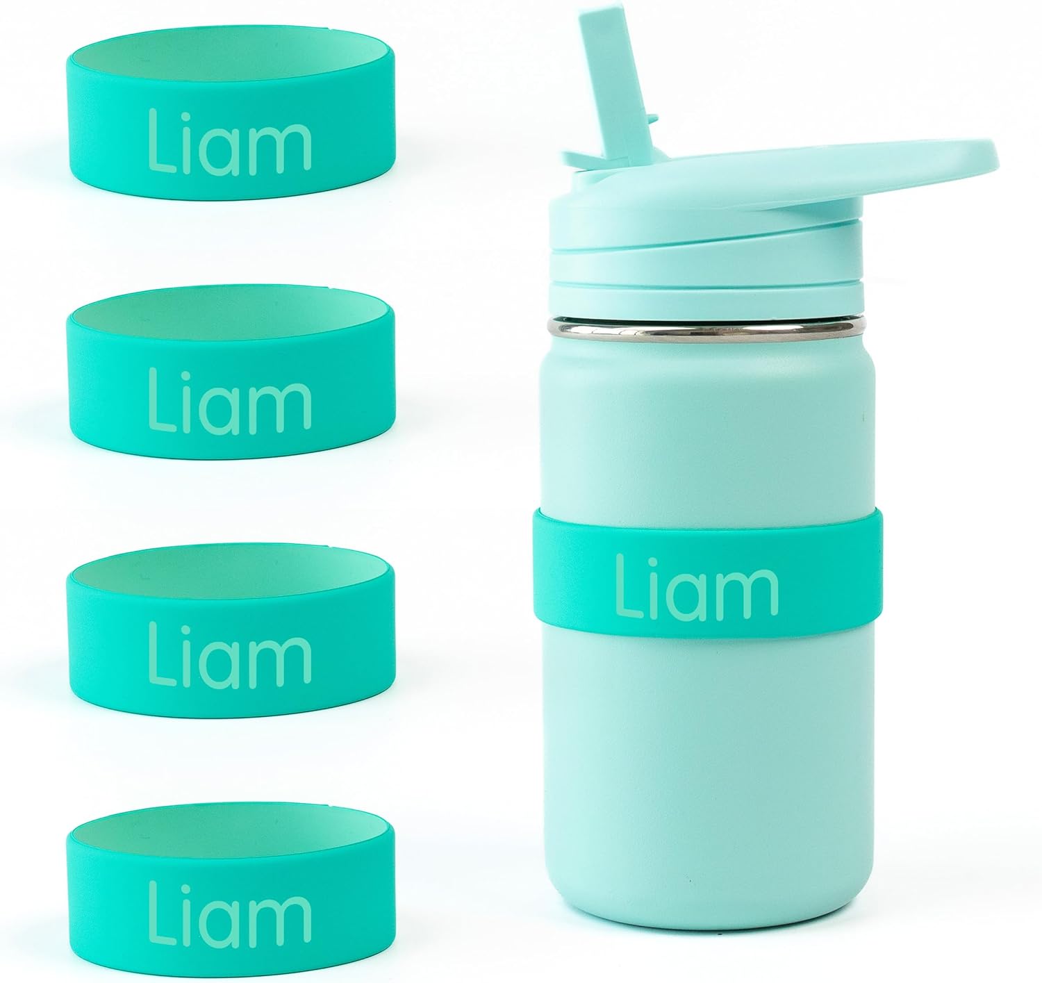 Mabel’s Labels Personalized Two-Tone Engraved Silicone Name Bands – Reusable Dishwasher-Safe Name Bands for Water Bottles, Sippy Cups & Drinkware (Teal & Light Green, 4 Pack)