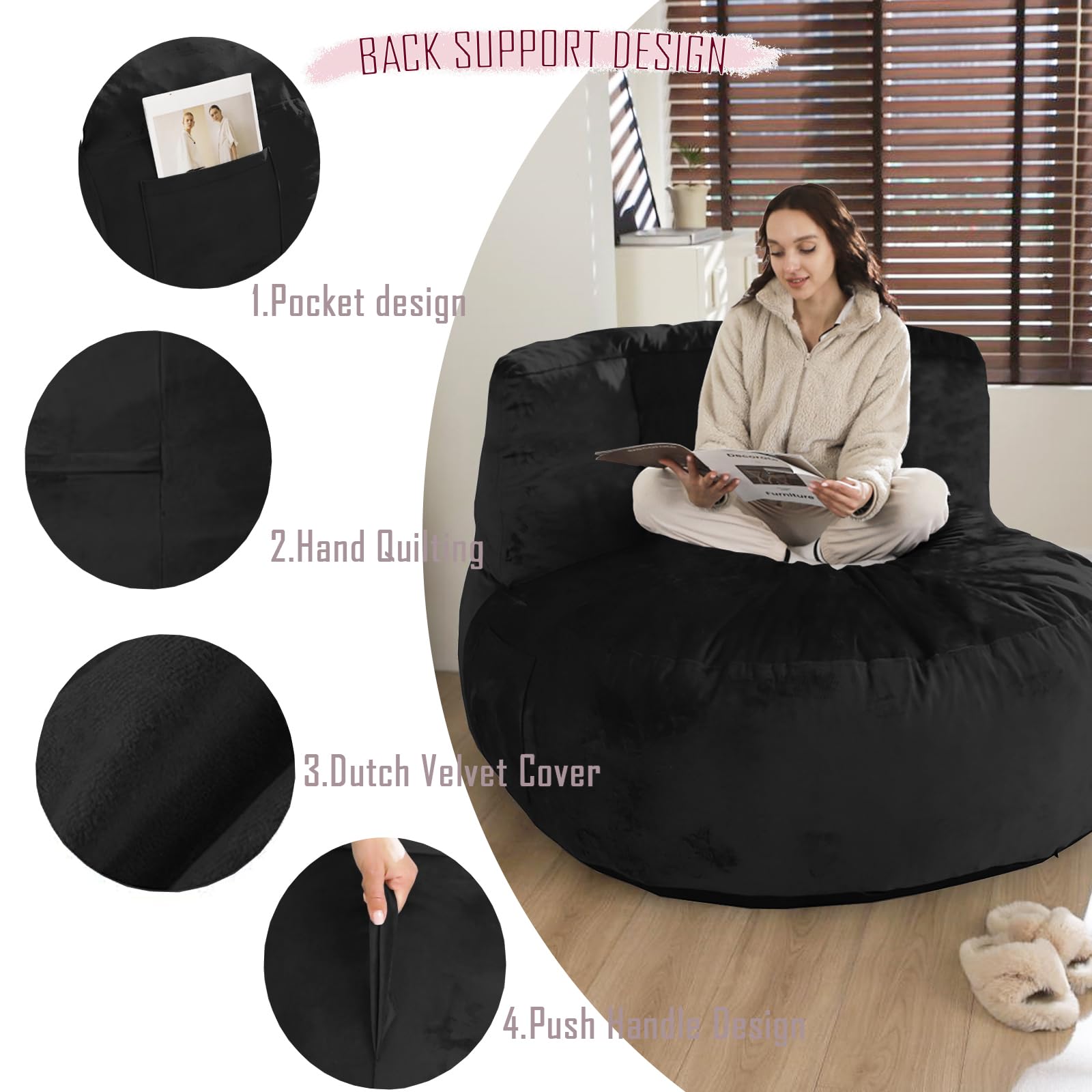 WhatsBedding 5FT Bean Bag Chair for Adults,Kids & Teenagers Bean Bags Giant with Memory Foam Filled,Beanbag Chairs Large Sofa with Dutch Velvet Cover(Black,Large,Back Support)