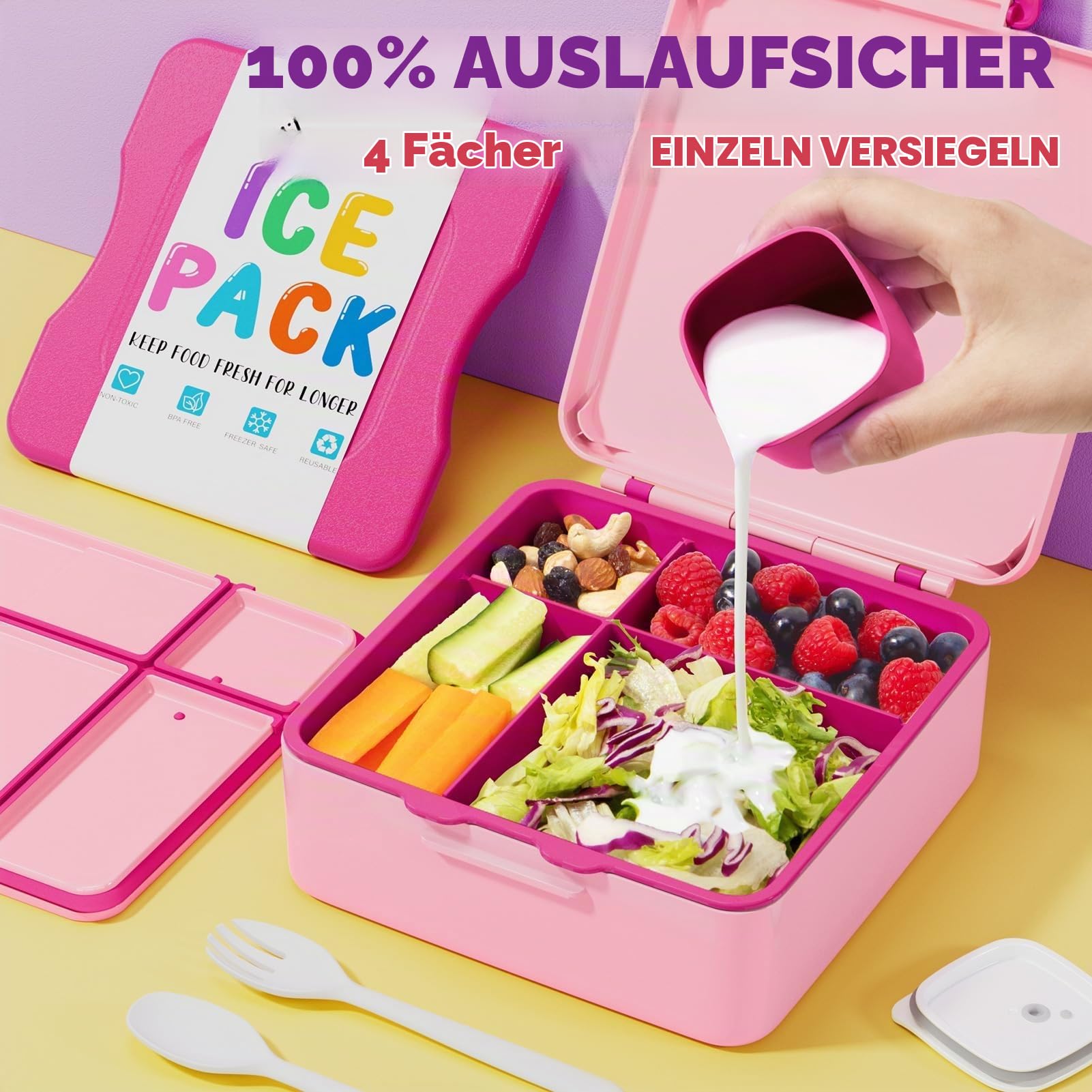 Fimibuke Chill Bento-Box für Kinder und Erwachsene, Kleinkinder, Lunchbox mit Eisbeutel | Lebensmittelbehälter mit 4 Fächern, auslaufsicher, BPA-frei, für Mädchen, Jungen, Schule, mikrowellen- und spülmaschinenfest