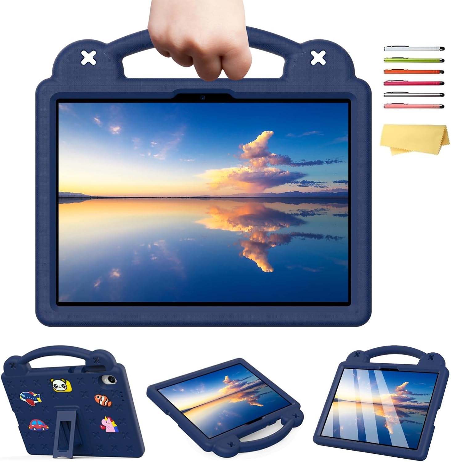 Kids Case for Onn. 11" Core Tablet 2026, Shockproof Lightweight EVA Protective Cover with Handle, Dual-Angle Kickstand and DIY Cartoon Charms for Onn 11 Inch Gen 5 Tablet, Navyblue