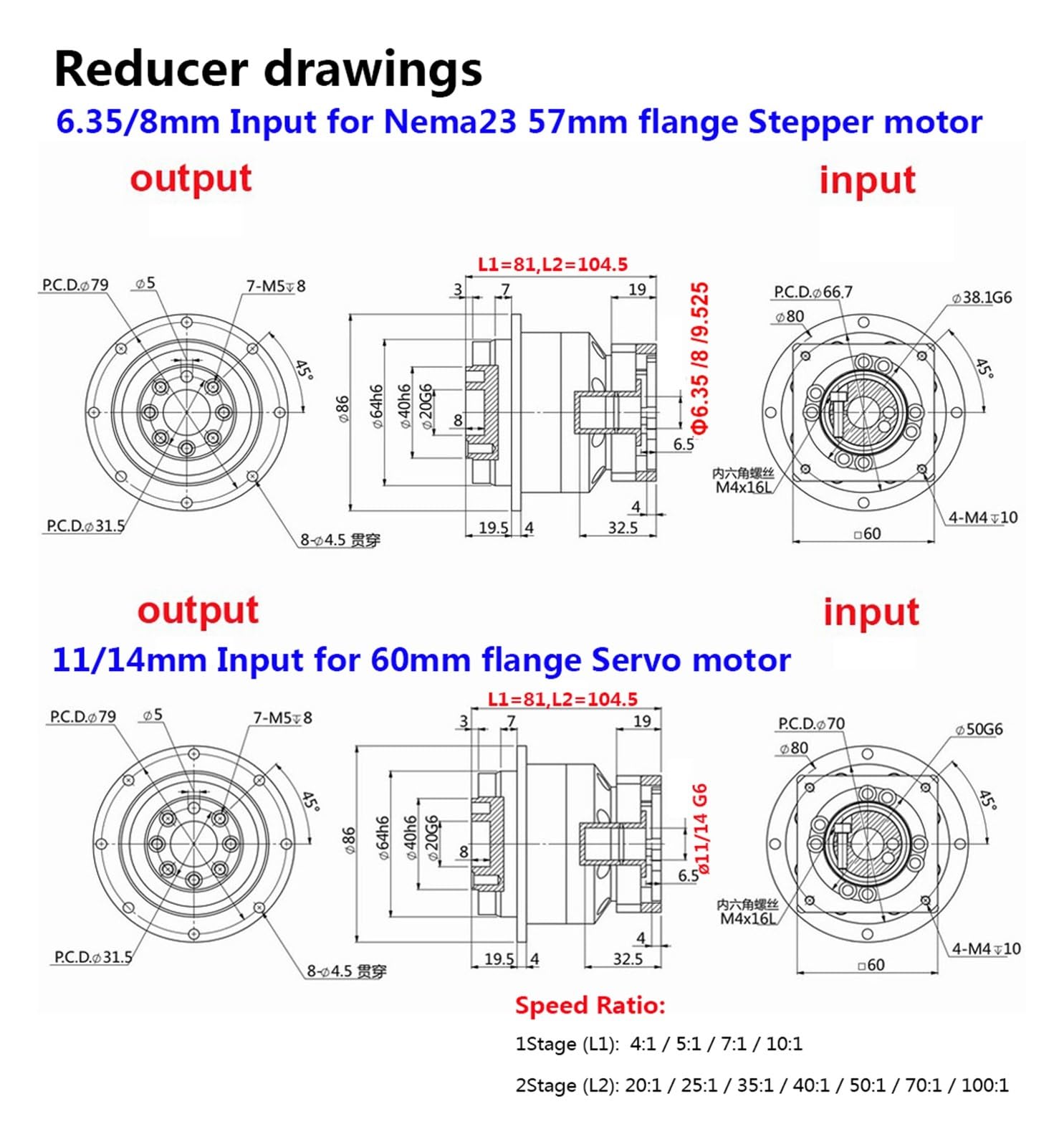Scheibenflansch-Ausgangs-Planetengetriebe, Stirnradgetriebe, 60 Mm, 400 W, Servo, Nema23, Schrittmotor, Getriebe For Manipulator ZuverläSsiger Betrieb(Ratio 4to1,11mm Input)