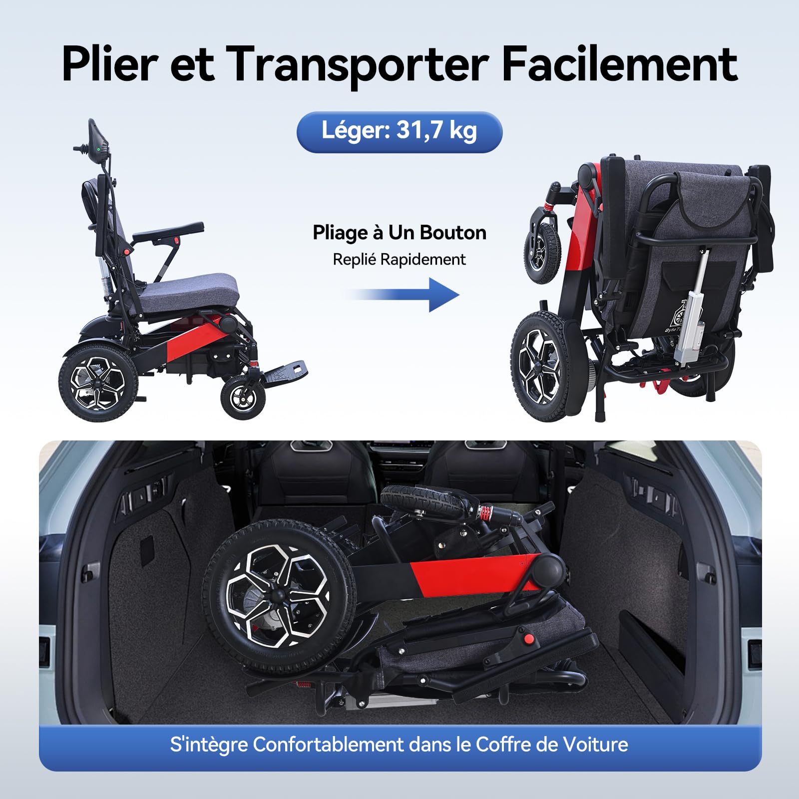 D15 Fauteuil Roulant Électrique Pliable Léger - 500W, Autonomie 20KM, Dossier Inclinable 165°, Repose-pieds Réglable en Hauteur pour Personnes Âgées jusqu'à 150KG