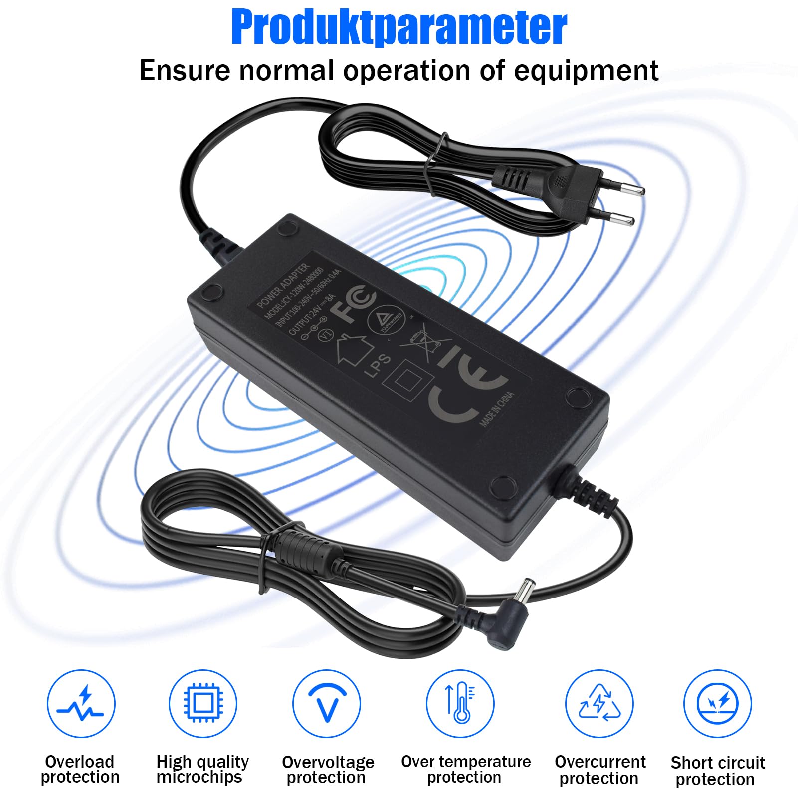 24 V, 8 A, zasilacz 192 W, konwerter napięcia AC 100-240 V na DC 24 V, uniwersalny zasilacz z wtyczką 5,5 x 2,5 mm do taśm LED, kamery monitorującej, monitora LCD