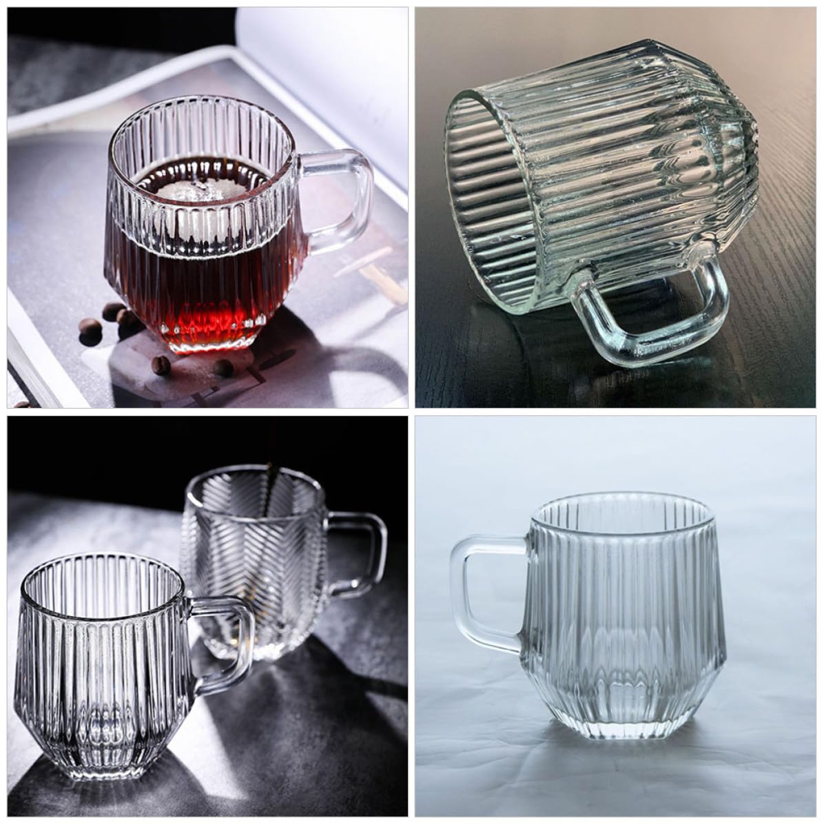 MAGICLULU Set 6 Tazze in Vetro con Manico, Bicchieri a Righe Verticali, Design Raffinato e Classico, per Caffè, Tè e Bevande Calde o Fredde