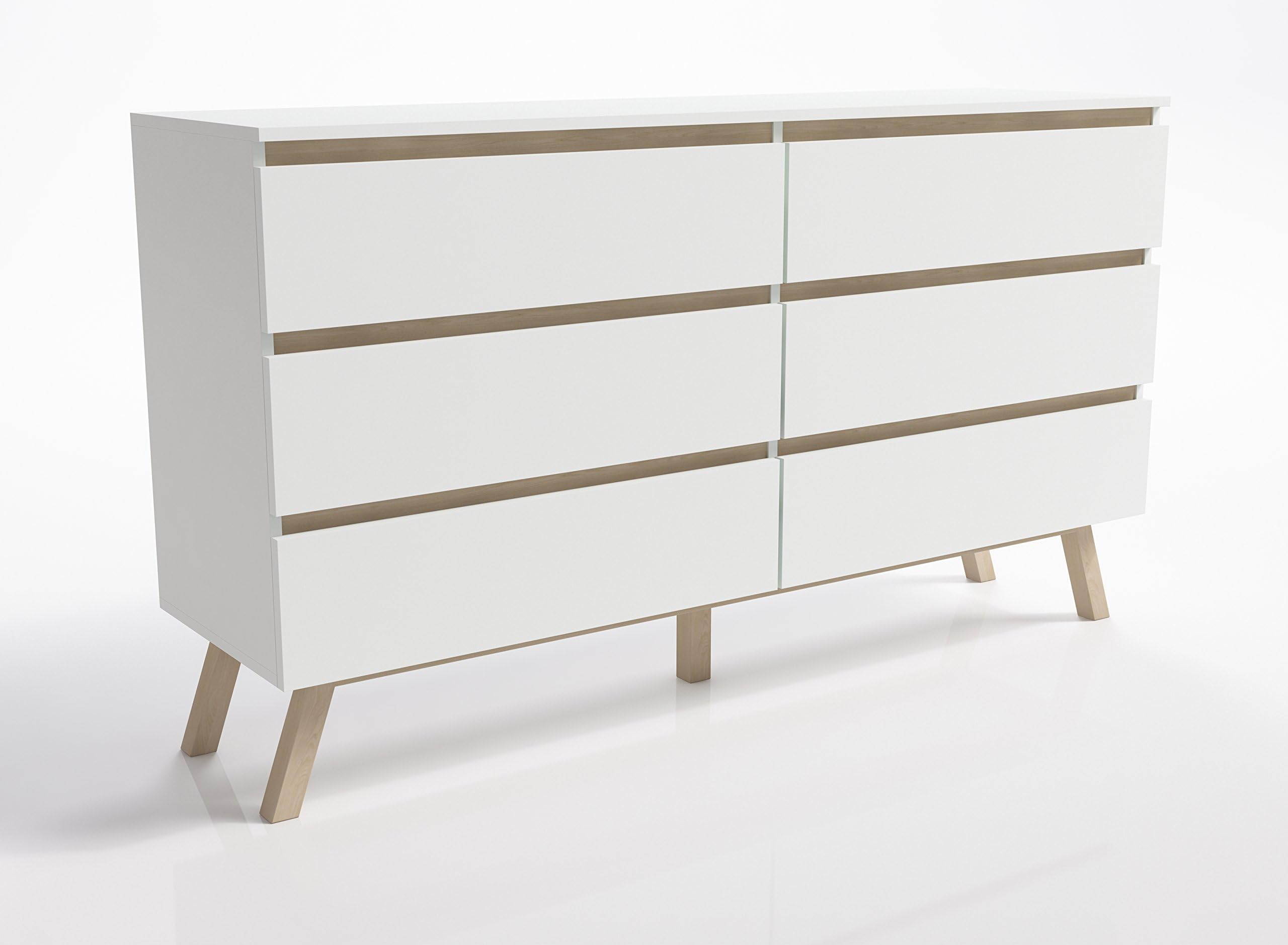 Front Furniture 6 Drawer Wide Chest Scandinavian Modern White & Beech